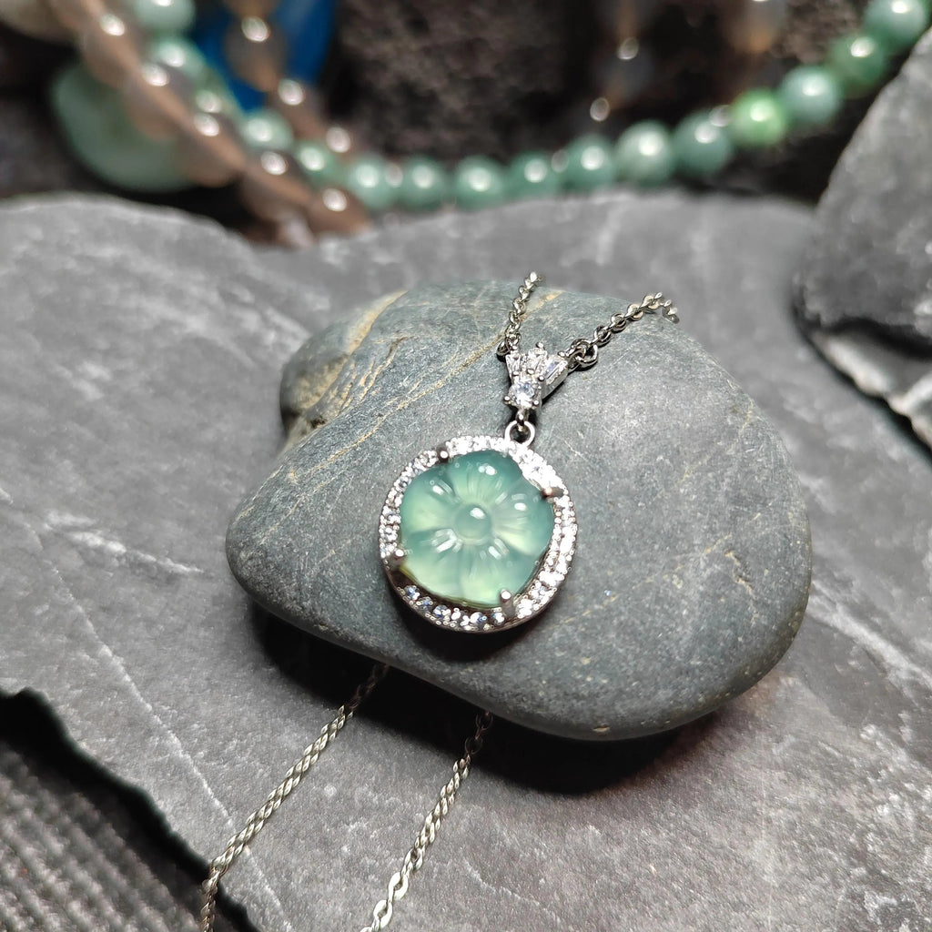 Certified A-Grade Guatemala Jadeite Flower Pendant Necklace | Elegant Minimalist Design with Zircon | S925 Sterling Silver | SL362B SL Precious