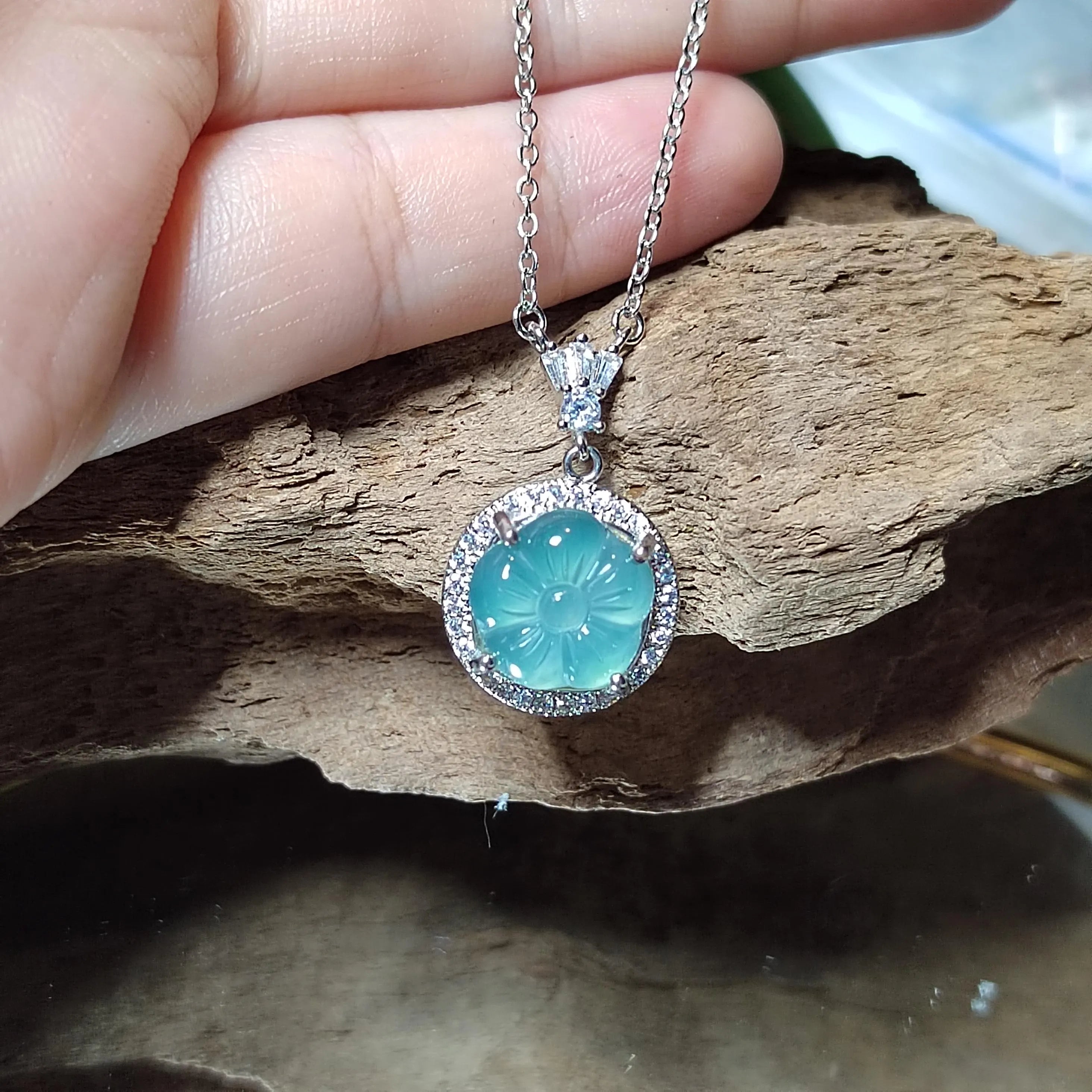 Certified A-Grade Guatemala Jadeite Flower Pendant Necklace | Elegant Minimalist Design with Zircon | S925 Sterling Silver | SL362B SL Precious