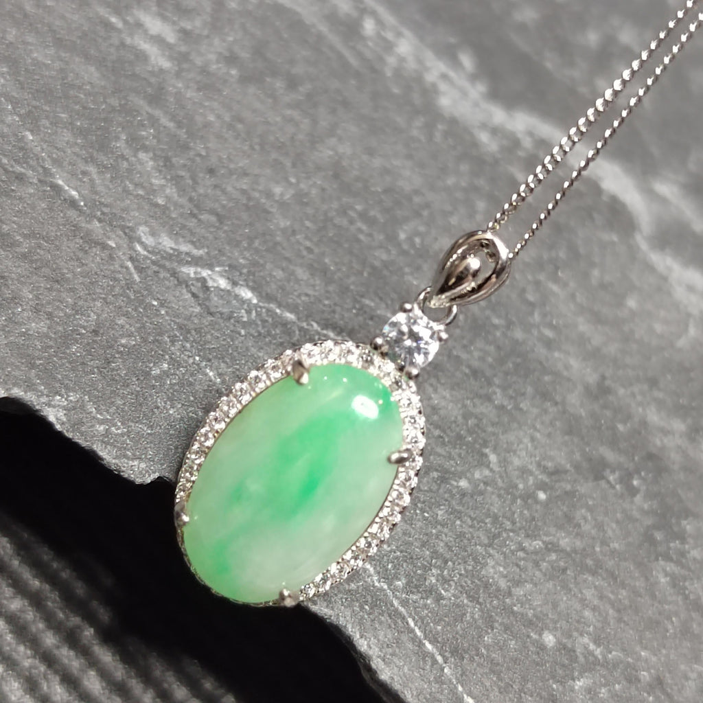 Certified A-Grade Burmese Jadeite Cabochon Pendant Necklace | Vivid Green Oval Jade with Zircon Halo | S925 Sterling Silver | SL466 SL Precious