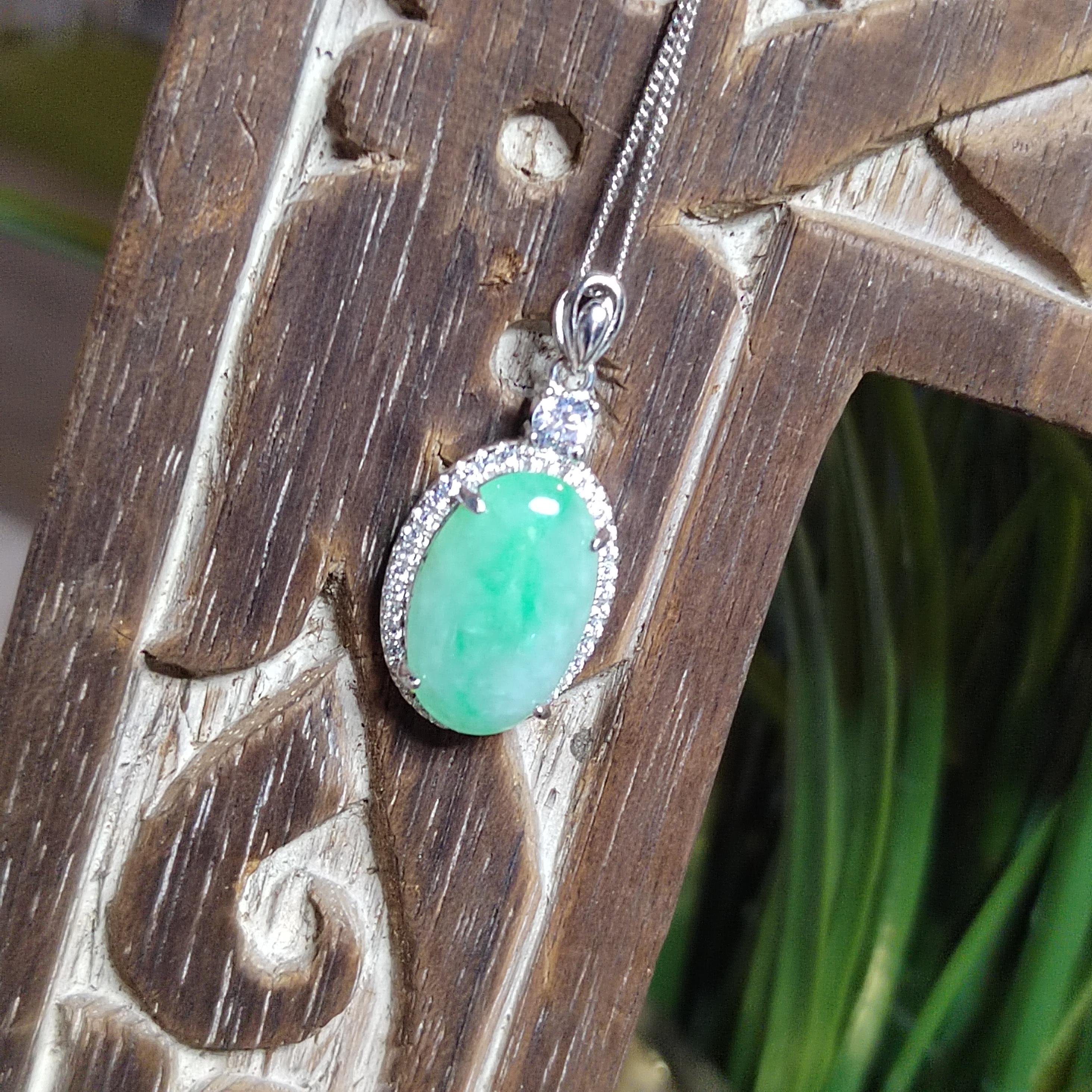 Certified A-Grade Burmese Jadeite Cabochon Pendant Necklace | Vivid Green Oval Jade with Zircon Halo | S925 Sterling Silver | SL466 SL Precious