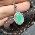 Certified A-Grade Burmese Jadeite Cabochon Pendant Necklace | Vivid Green Oval Jade with Zircon Halo | S925 Sterling Silver | SL466 SL Precious