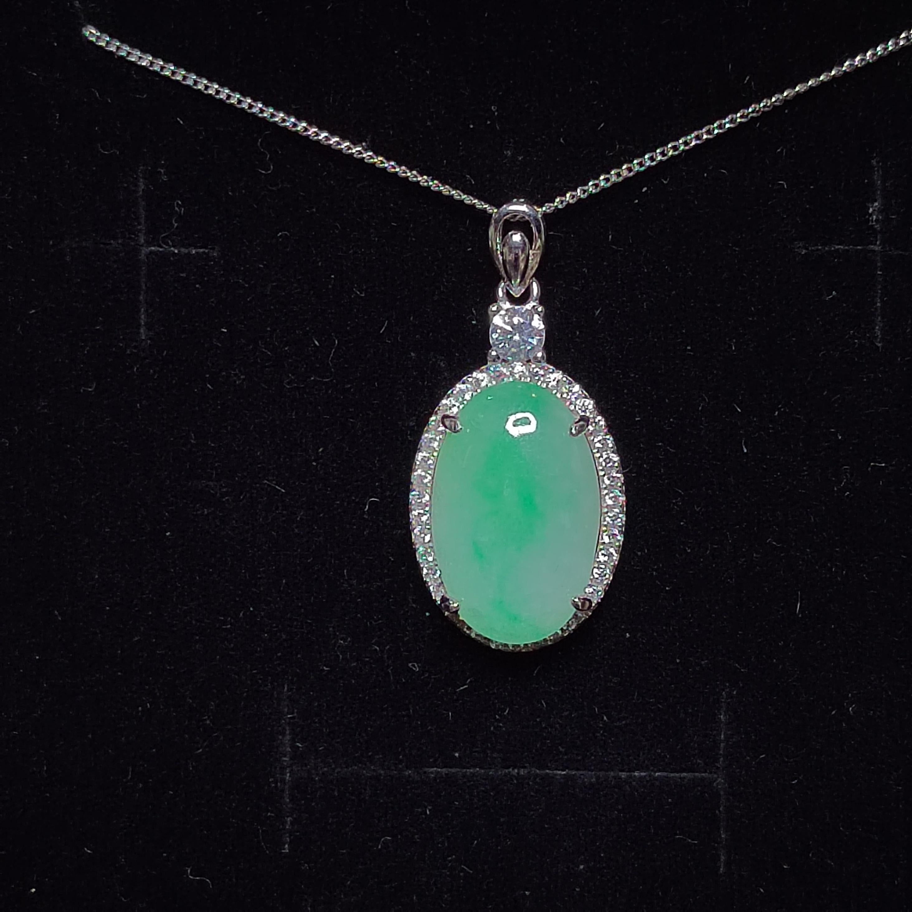 Certified A-Grade Burmese Jadeite Cabochon Pendant Necklace | Vivid Green Oval Jade with Zircon Halo | S925 Sterling Silver | SL466 SL Precious