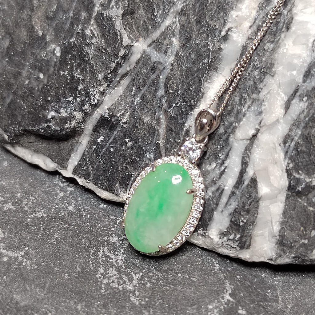 Certified A-Grade Burmese Jadeite Cabochon Pendant Necklace | Vivid Green Oval Jade with Zircon Halo | S925 Sterling Silver | SL466 SL Precious