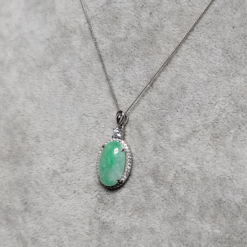 Certified A-Grade Burmese Jadeite Cabochon Pendant Necklace | Vivid Green Oval Jade with Zircon Halo | S925 Sterling Silver | SL466 SL Precious