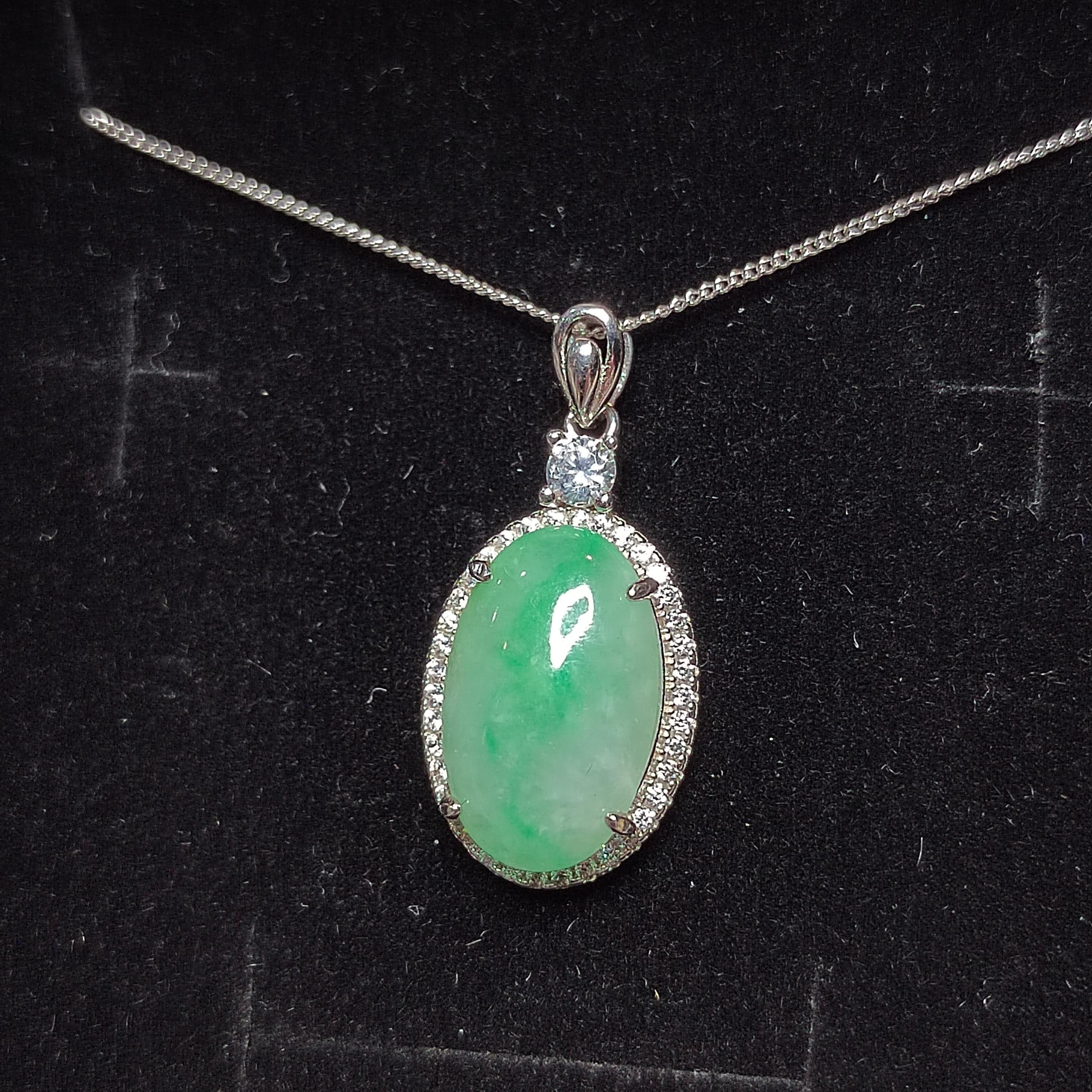 Certified A-Grade Burmese Jadeite Cabochon Pendant Necklace | Vivid Green Oval Jade with Zircon Halo | S925 Sterling Silver | SL466 SL Precious