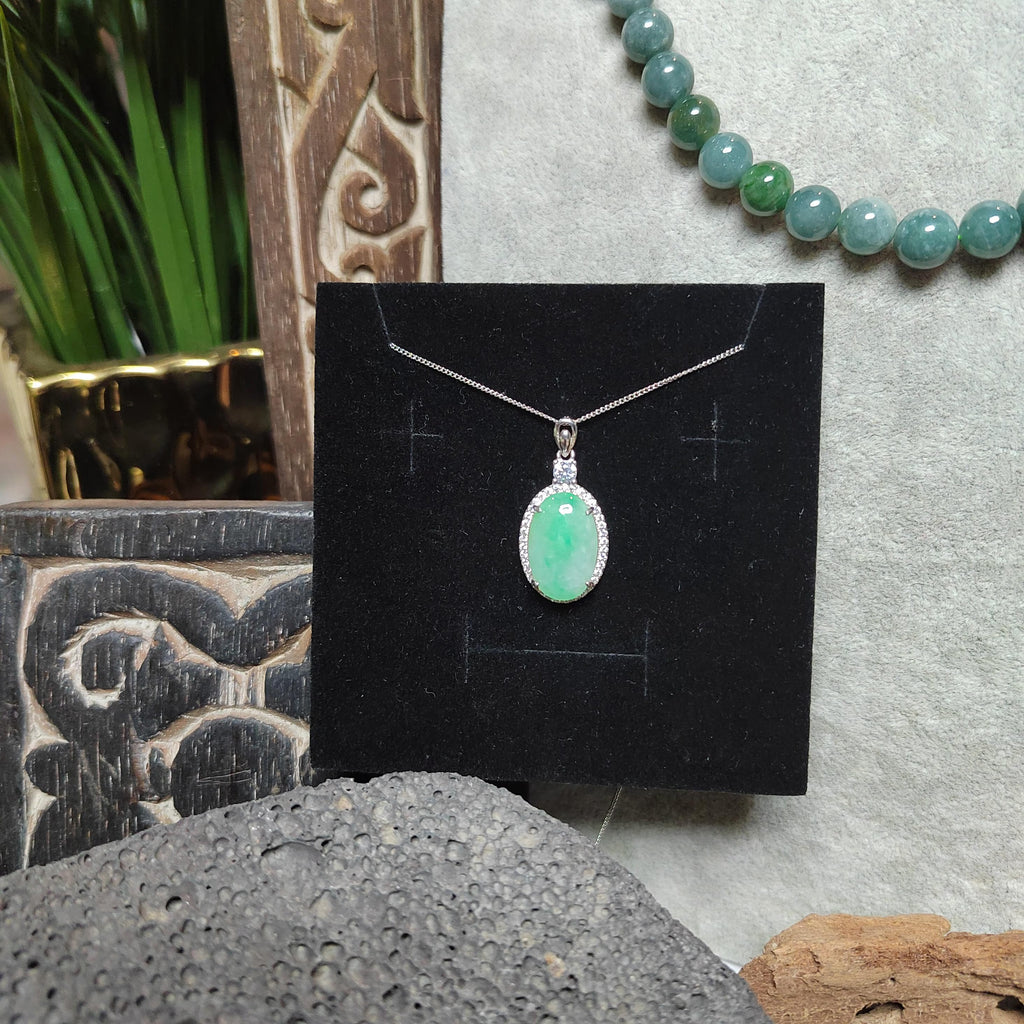 Certified A-Grade Burmese Jadeite Cabochon Pendant Necklace | Vivid Green Oval Jade with Zircon Halo | S925 Sterling Silver | SL466 SL Precious
