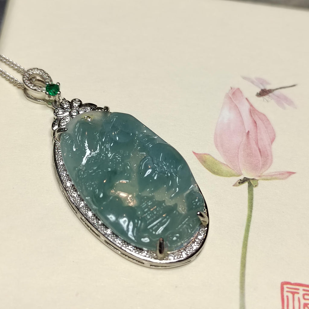 Certified A-Grade Guatemala Jadeite Landscaping Pendant | Large 49mm Carved Mountain Scene | S925 Zircon Setting | 45cm Silver Chain | SL487 SL Precious