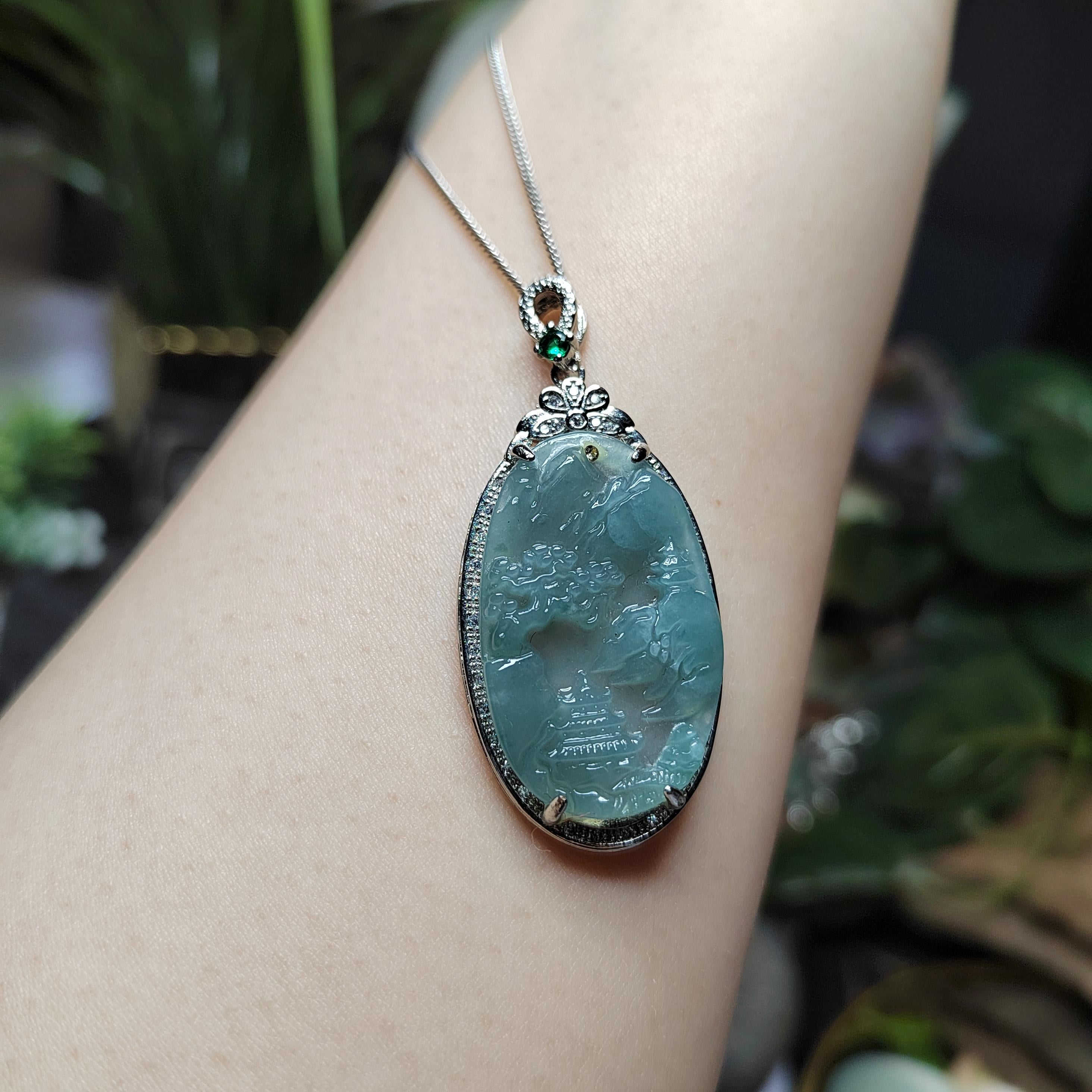 Certified A-Grade Guatemala Jadeite Landscaping Pendant | Large 49mm Carved Mountain Scene | S925 Zircon Setting | 45cm Silver Chain | SL487 SL Precious