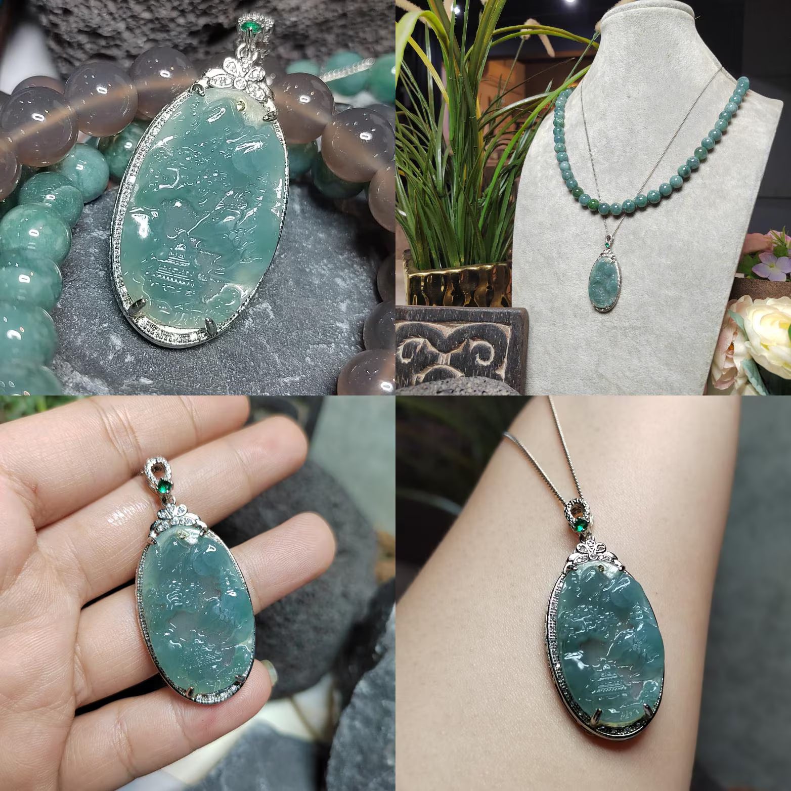 Certified A-Grade Guatemala Jadeite Landscaping Pendant | Large 49mm Carved Mountain Scene | S925 Zircon Setting | 45cm Silver Chain | SL487 SL Precious