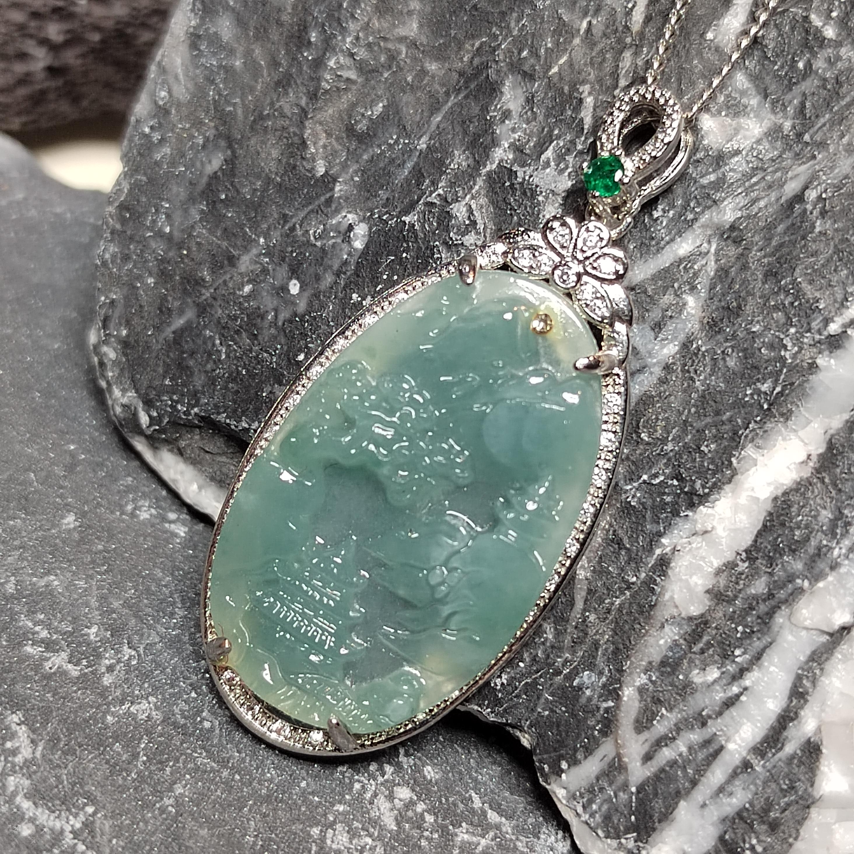 Certified A-Grade Guatemala Jadeite Landscaping Pendant | Large 49mm Carved Mountain Scene | S925 Zircon Setting | 45cm Silver Chain | SL487 SL Precious