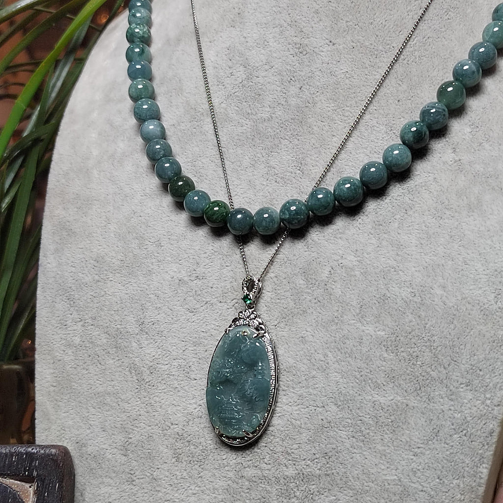 Certified A-Grade Guatemala Jadeite Landscaping Pendant | Large 49mm Carved Mountain Scene | S925 Zircon Setting | 45cm Silver Chain | SL487 SL Precious