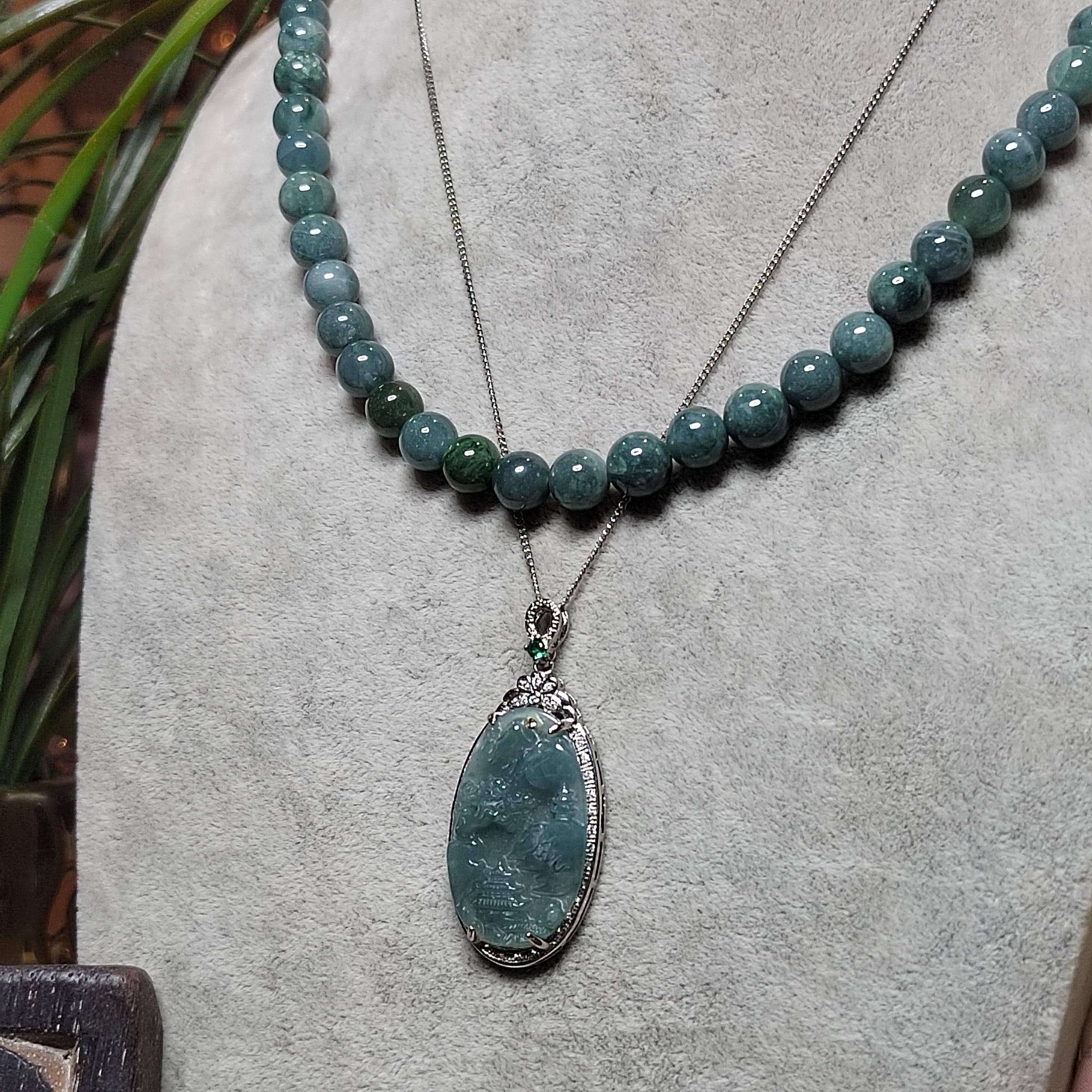 Certified A-Grade Guatemala Jadeite Landscaping Pendant | Large 49mm Carved Mountain Scene | S925 Zircon Setting | 45cm Silver Chain | SL487 SL Precious