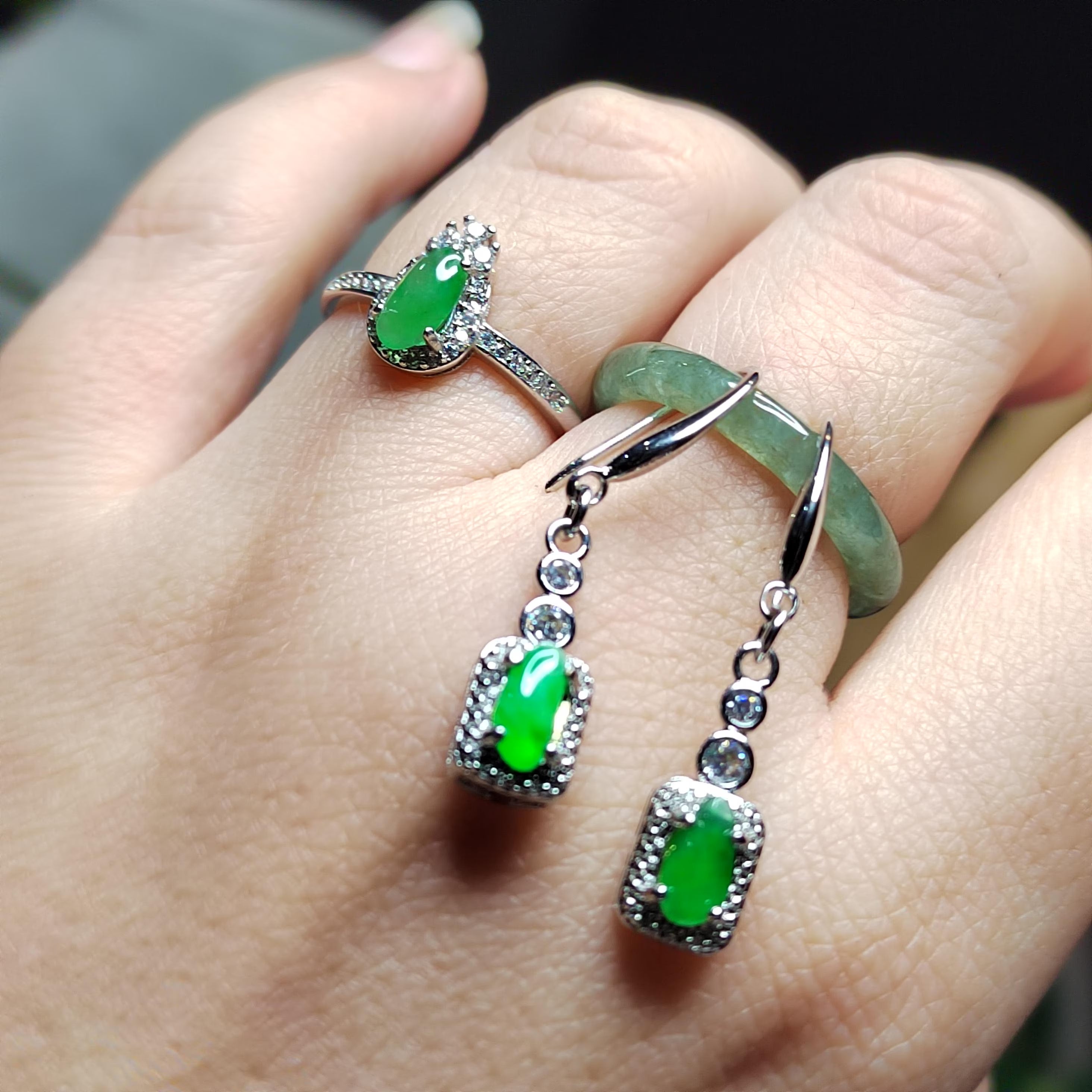 Certified Burmese Jadeite Glow-Green Earrings & Ring Set |Natural Untreated Jadeite |18K White Gold Plated S925 | Collector’s Set SL502 SL Precious