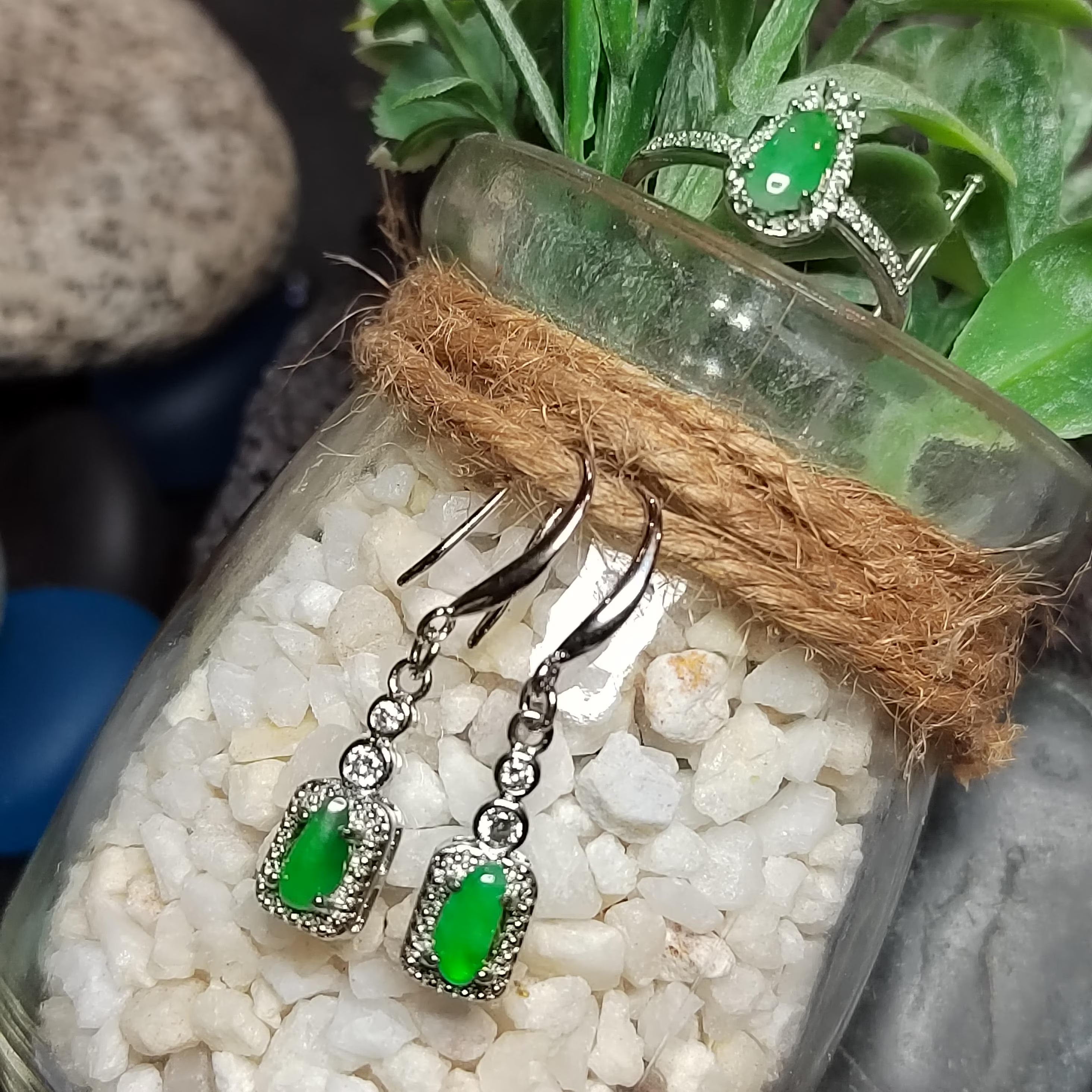 Certified Burmese Jadeite Glow-Green Earrings & Ring Set |Natural Untreated Jadeite |18K White Gold Plated S925 | Collector’s Set SL502 SL Precious