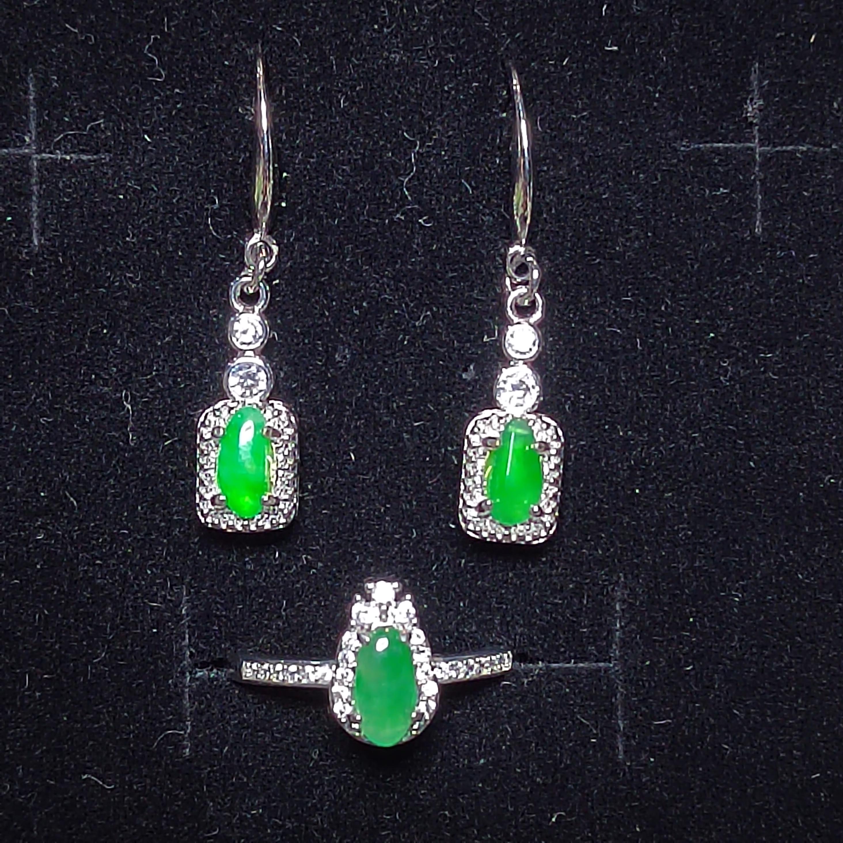 Certified Burmese Jadeite Glow-Green Earrings & Ring Set |Natural Untreated Jadeite |18K White Gold Plated S925 | Collector’s Set SL502 SL Precious