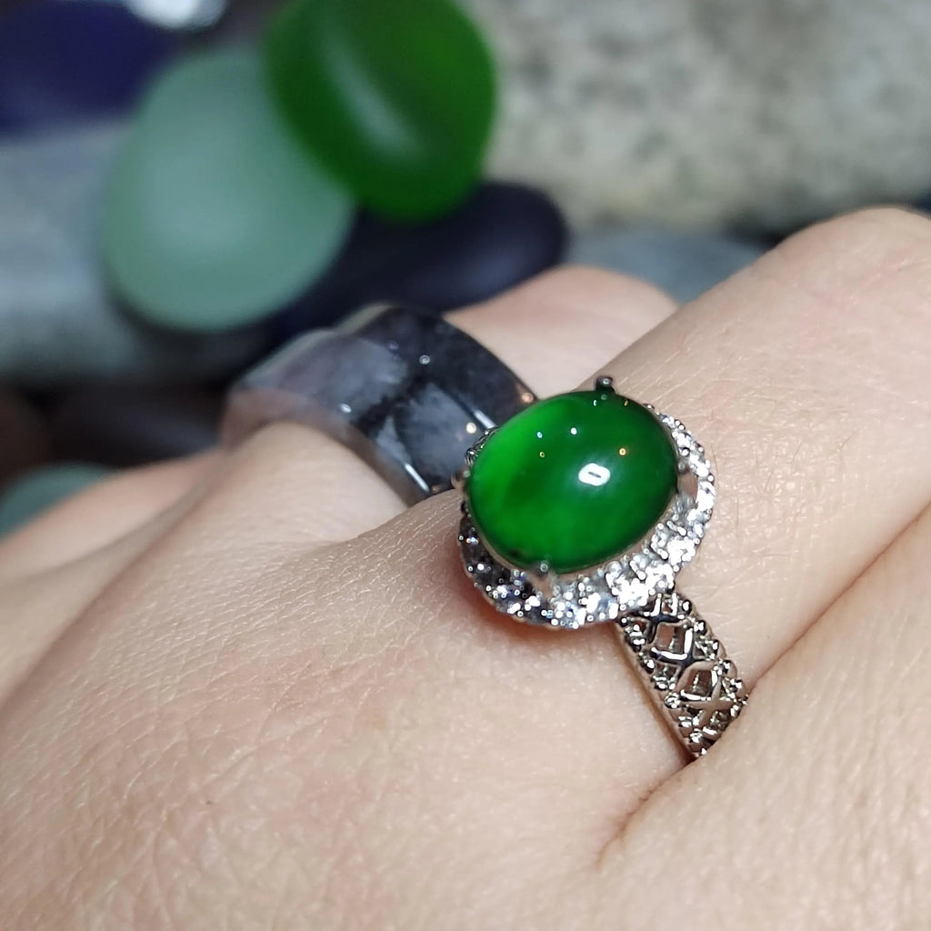 Certified A-Grade Natural Untreated Guatemala Imperial Green Jadeite Ring | 18K White Gold Plated | Adjustable | SL503 SL Precious