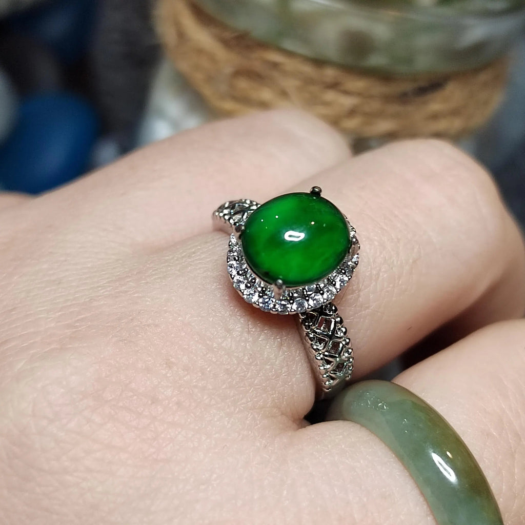 Certified A-Grade Natural Untreated Guatemala Imperial Green Jadeite Ring | 18K White Gold Plated | Adjustable | SL503 SL Precious