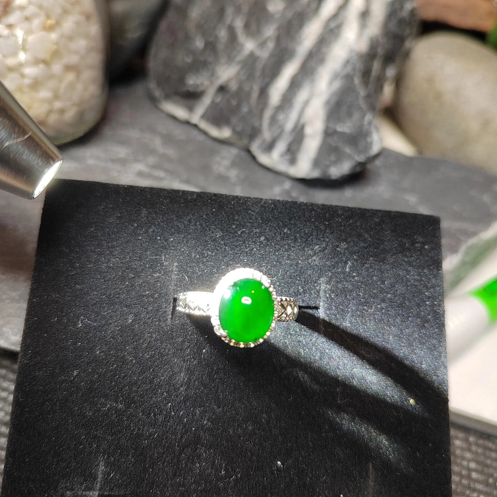 Certified A-Grade Natural Untreated Guatemala Imperial Green Jadeite Ring | 18K White Gold Plated | Adjustable | SL503 SL Precious