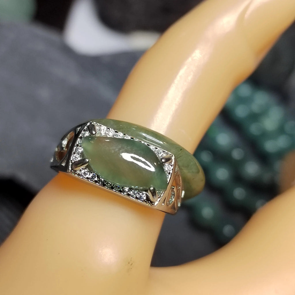 Certified Natural Untreated Burmese Icy Jadeite Men’s Ring Marquise Cut Unisex | SL465 SL Precious