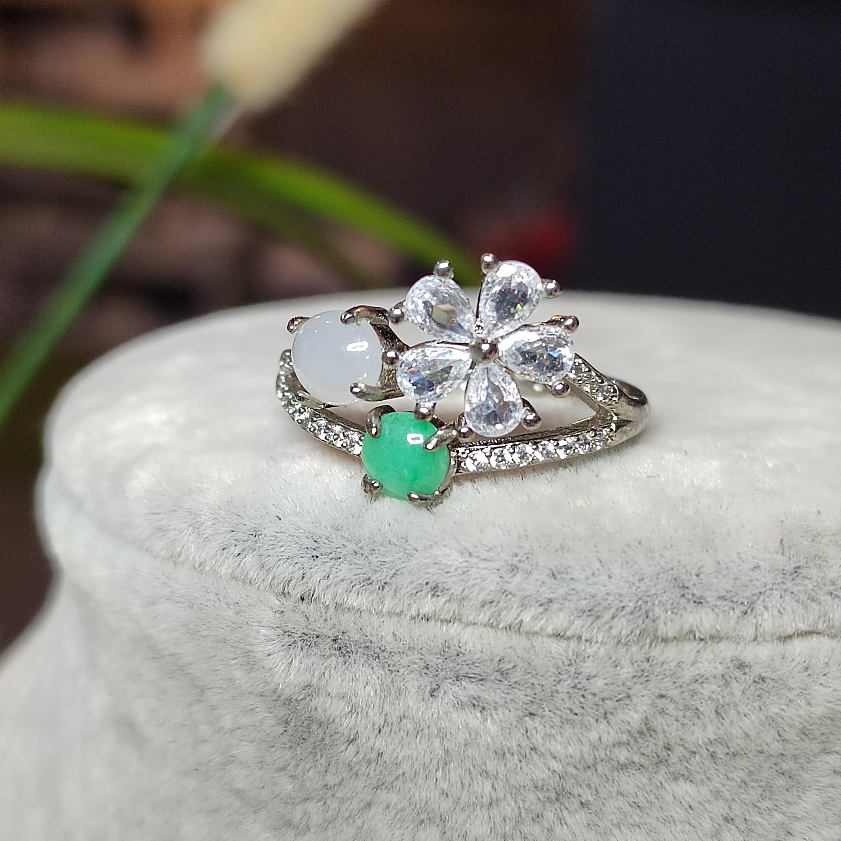 Certified A-Grade Burmese Apple Green & Icy White Jadeite Ring | 18K Gold-Plated S925 Silver | Adjustable Floral Zircon Design | SL189 SL Precious