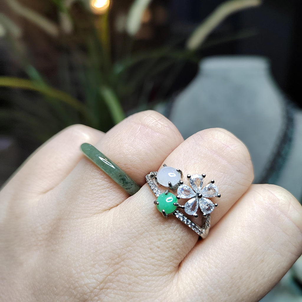 Certified A-Grade Burmese Apple Green & Icy White Jadeite Ring | 18K Gold-Plated S925 Silver | Adjustable Floral Zircon Design | SL189 SL Precious