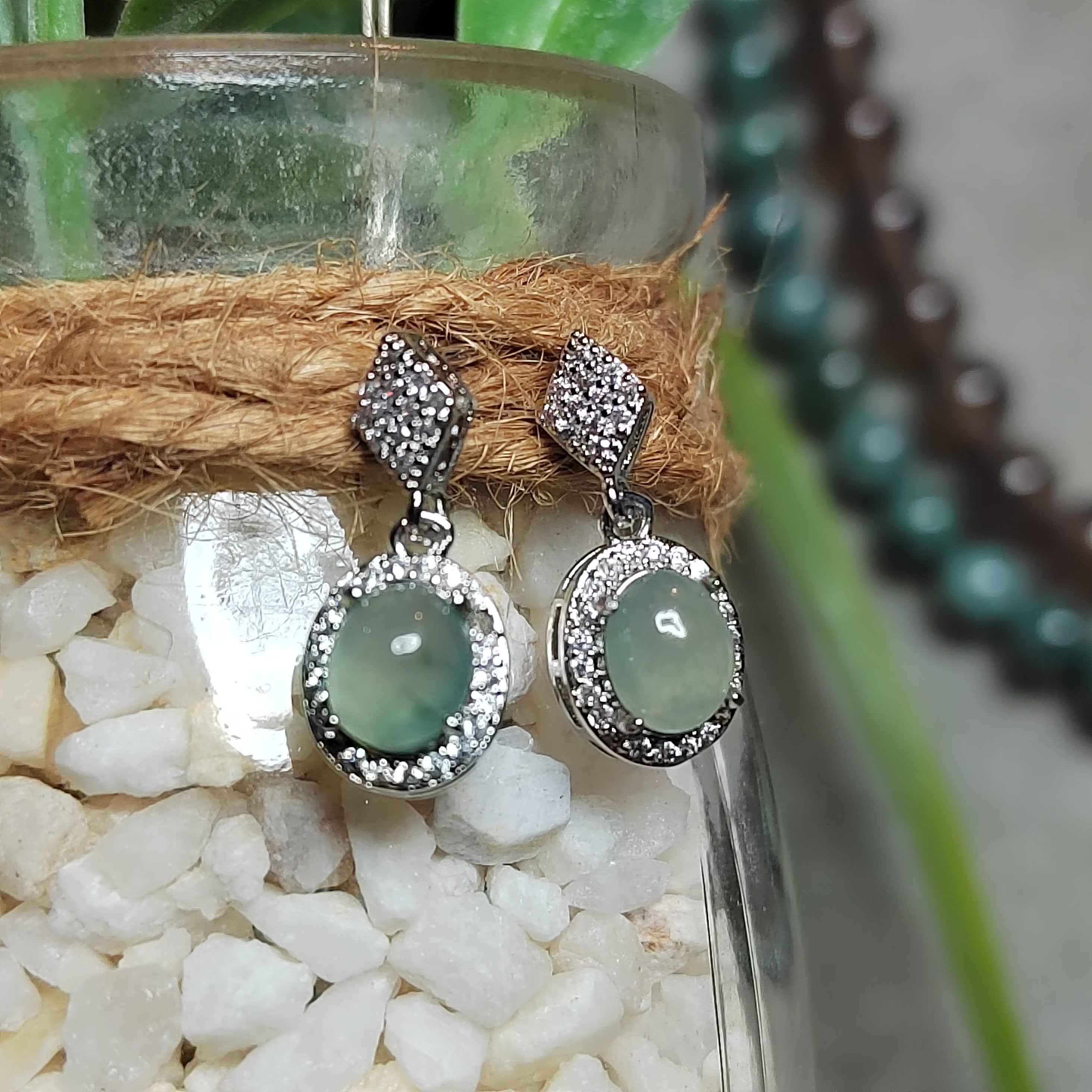Certified A-Grade Icy Burmese Jadeite Earrings | 18K White Gold-Plated S925 Silver | Minimalist Oval Cabochon with Zircon Halo | SL209 SL Precious