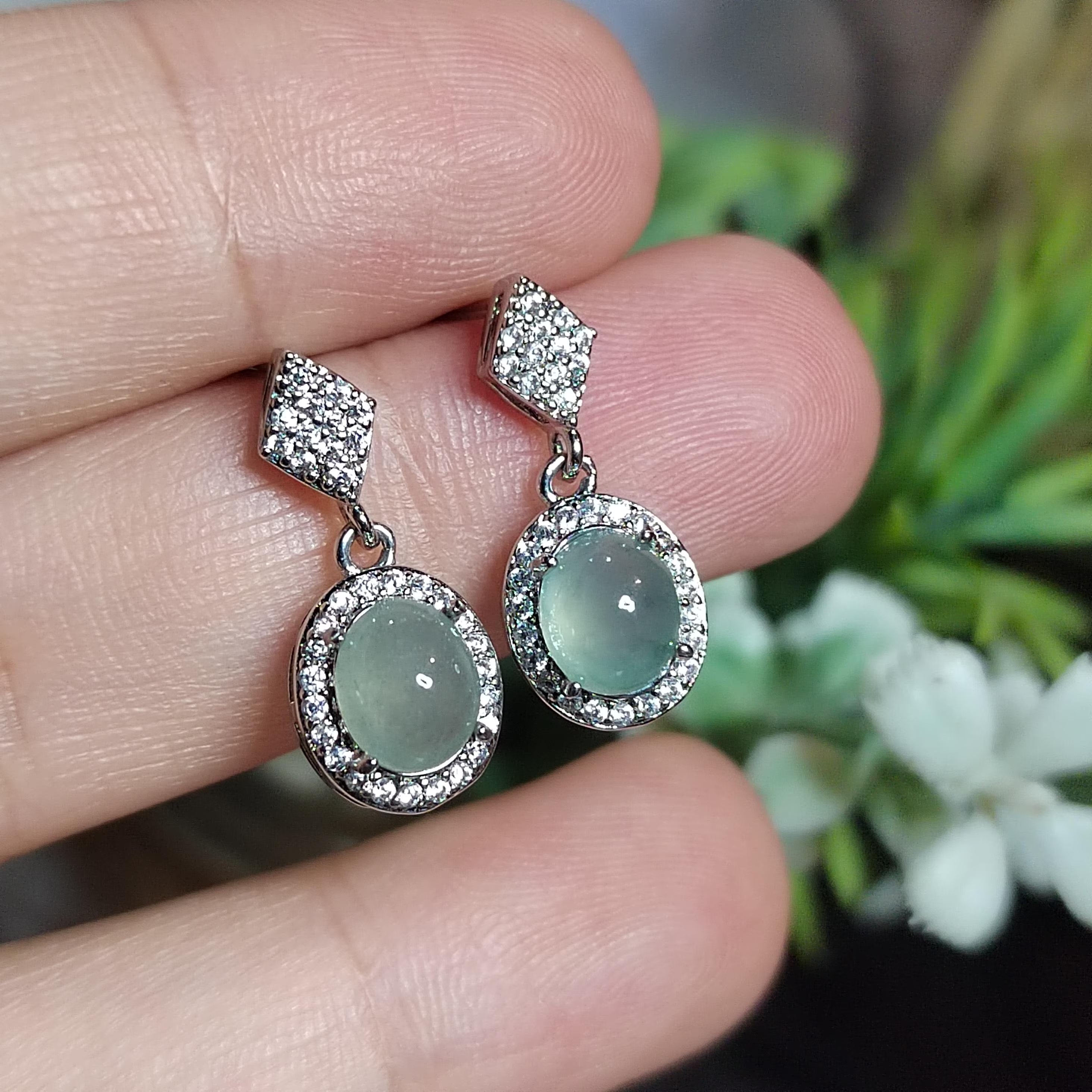 Certified A-Grade Icy Burmese Jadeite Earrings | 18K White Gold-Plated S925 Silver | Minimalist Oval Cabochon with Zircon Halo | SL209 SL Precious