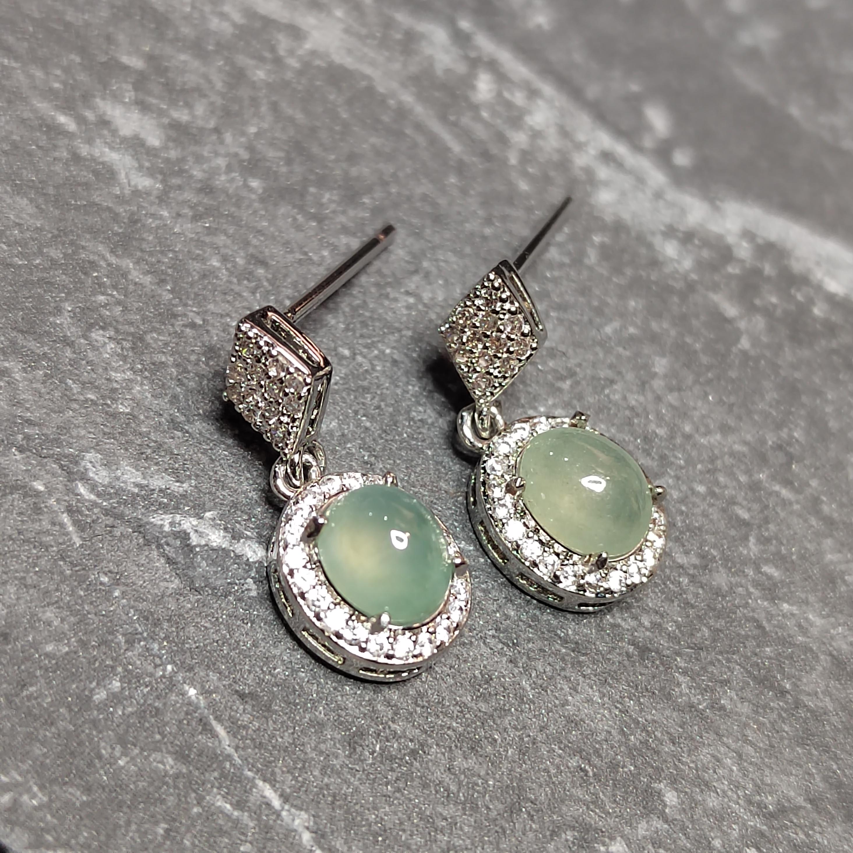 Certified A-Grade Icy Burmese Jadeite Earrings | 18K White Gold-Plated S925 Silver | Minimalist Oval Cabochon with Zircon Halo | SL209 SL Precious