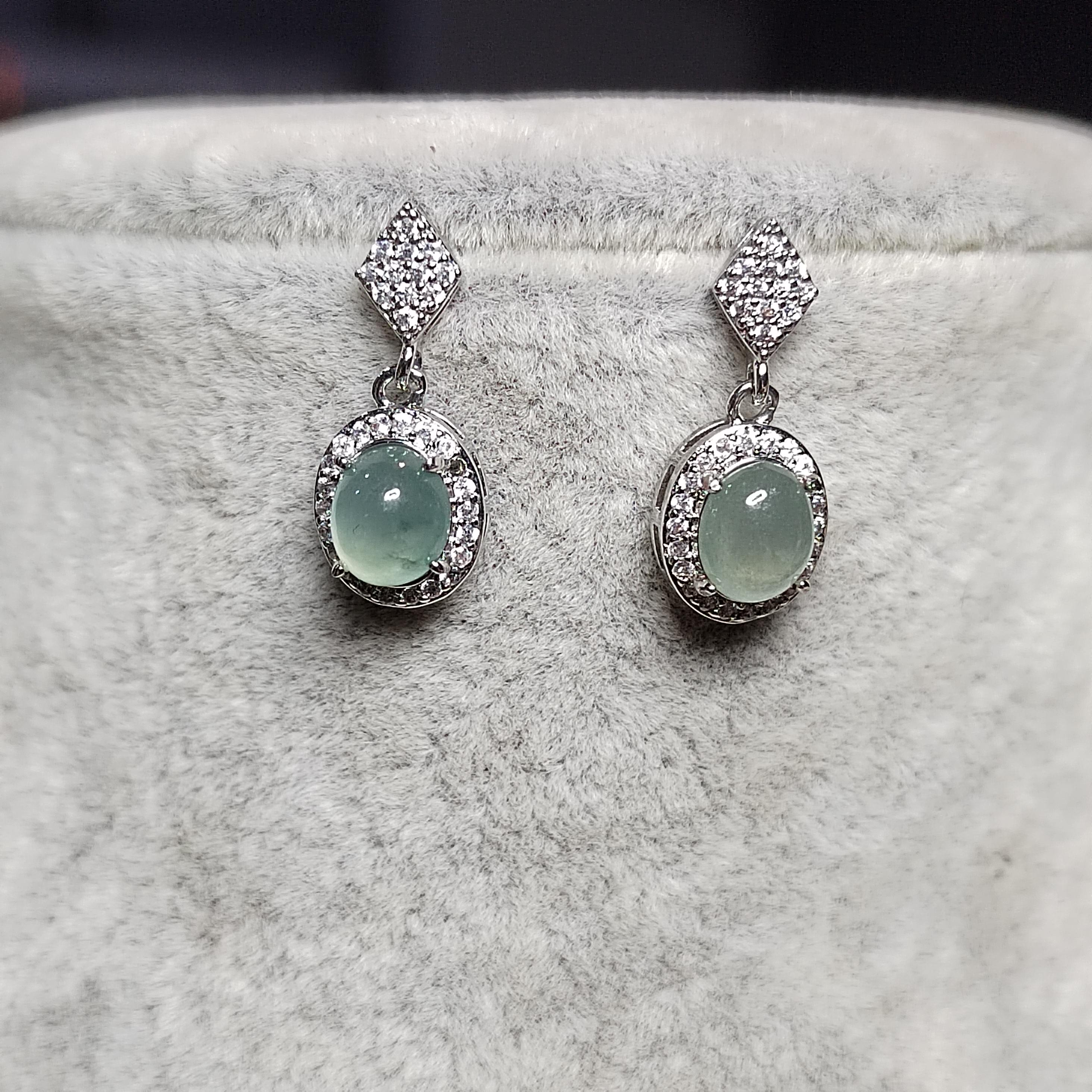 Certified A-Grade Icy Burmese Jadeite Earrings | 18K White Gold-Plated S925 Silver | Minimalist Oval Cabochon with Zircon Halo | SL209 SL Precious