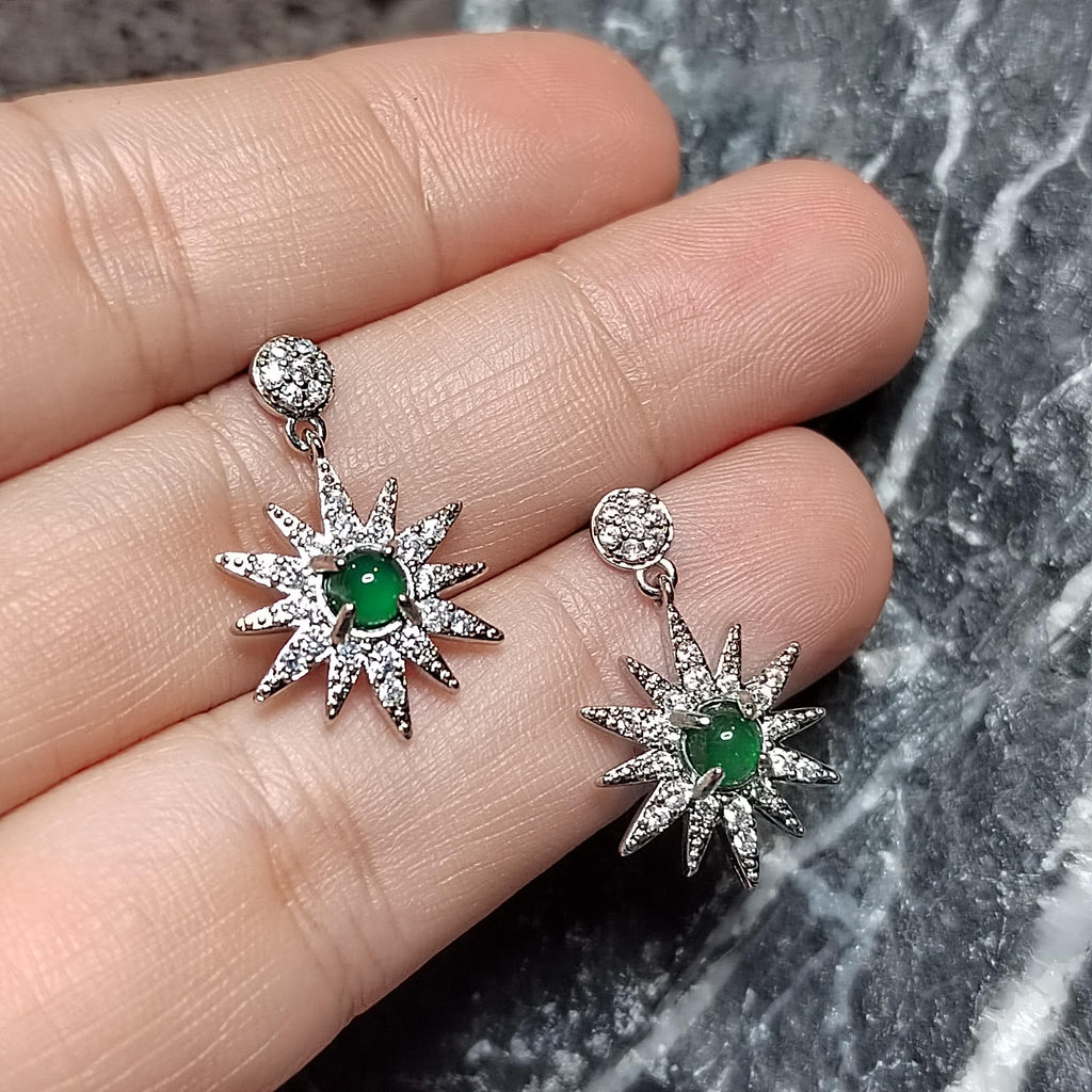 Certified A-Grade Natural Guatemala Jadeite Starburst Earrings | S925 Silver | Sparkling Zircon Drop Design | SL496 SL Precious