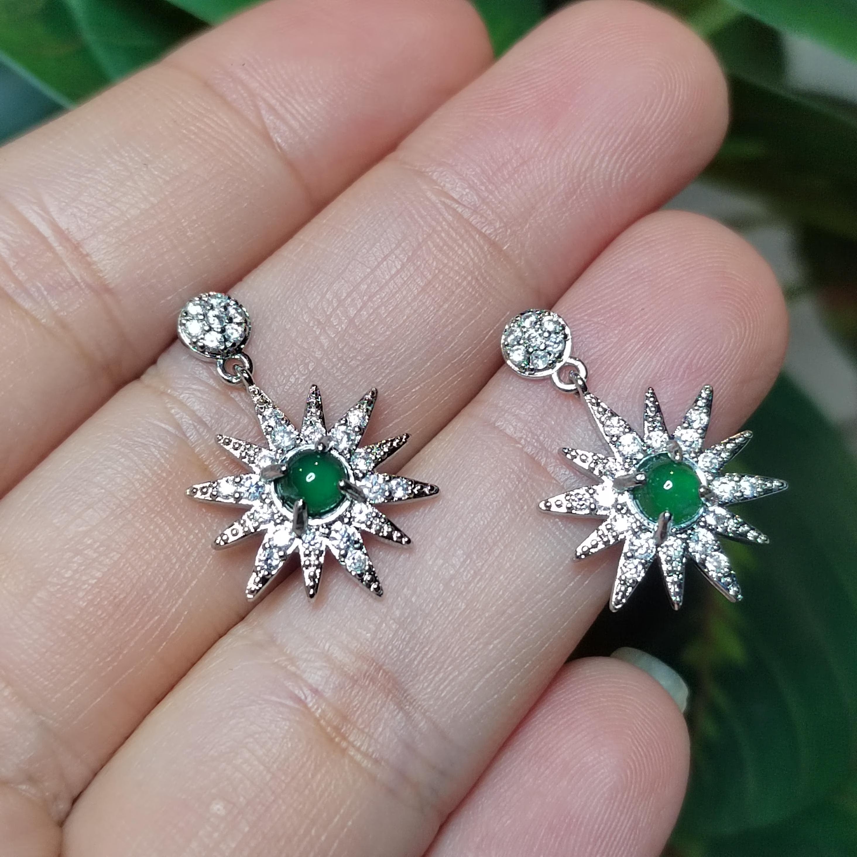 Certified A-Grade Natural Guatemala Jadeite Starburst Earrings | S925 Silver | Sparkling Zircon Drop Design | SL496 SL Precious