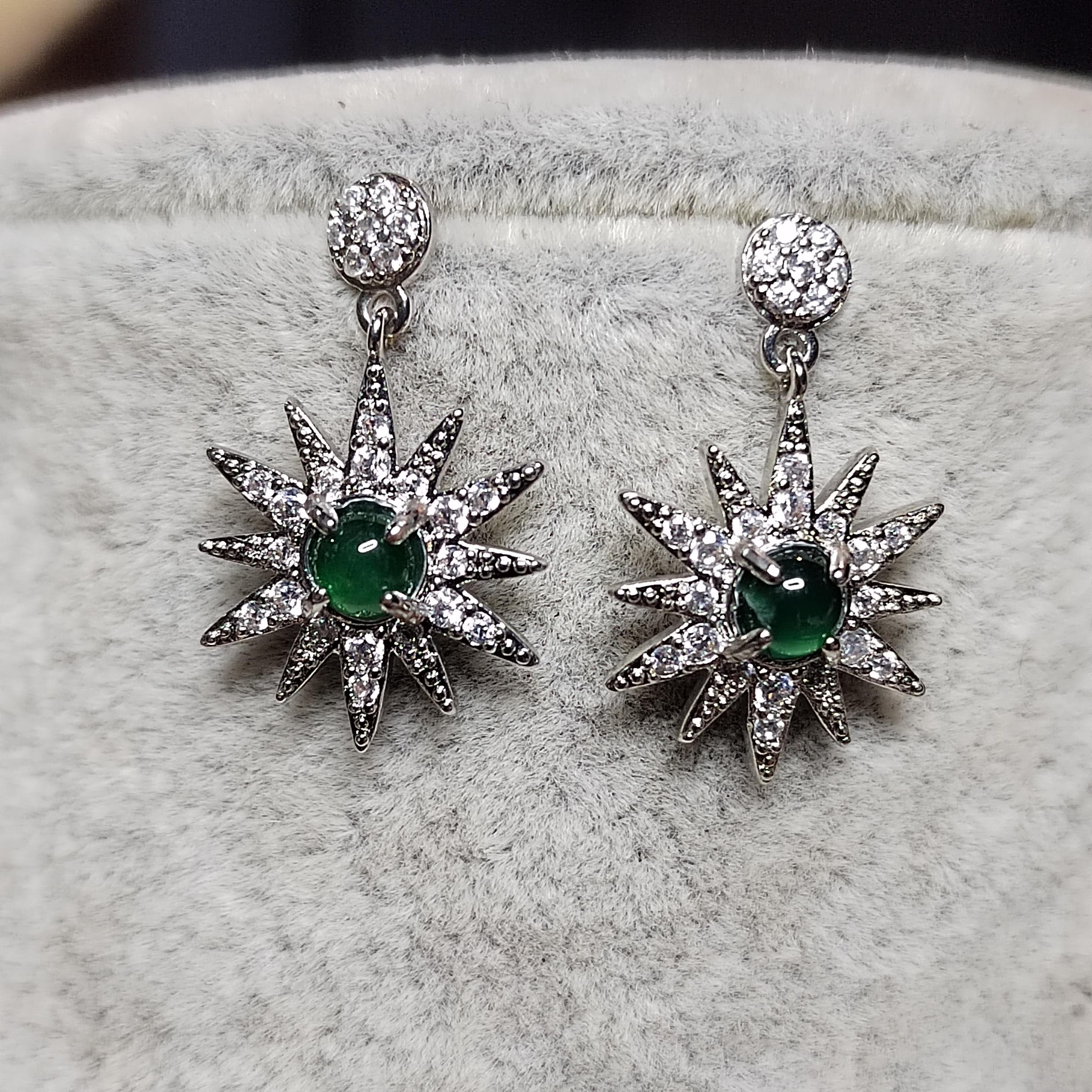 Certified A-Grade Natural Guatemala Jadeite Starburst Earrings | S925 Silver | Sparkling Zircon Drop Design | SL496 SL Precious