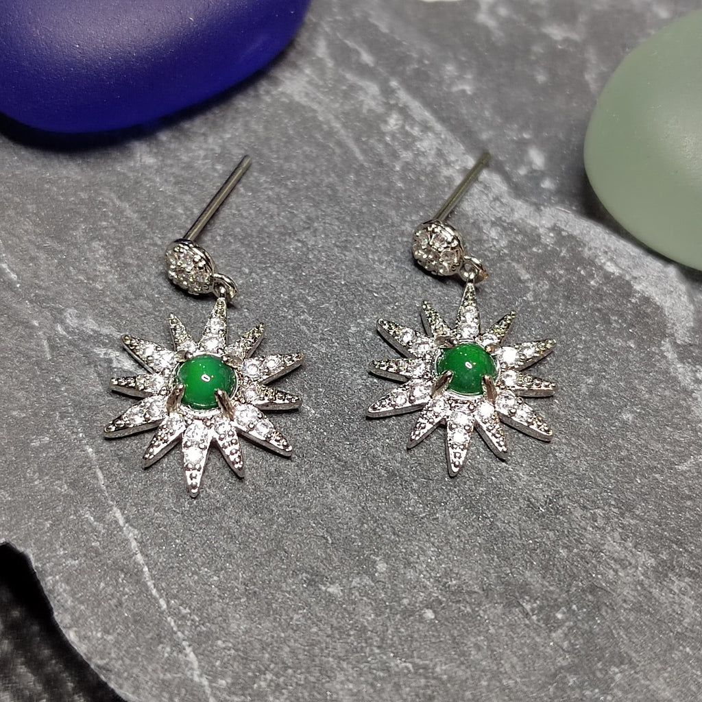 Certified A-Grade Natural Guatemala Jadeite Starburst Earrings | S925 Silver | Sparkling Zircon Drop Design | SL496 SL Precious