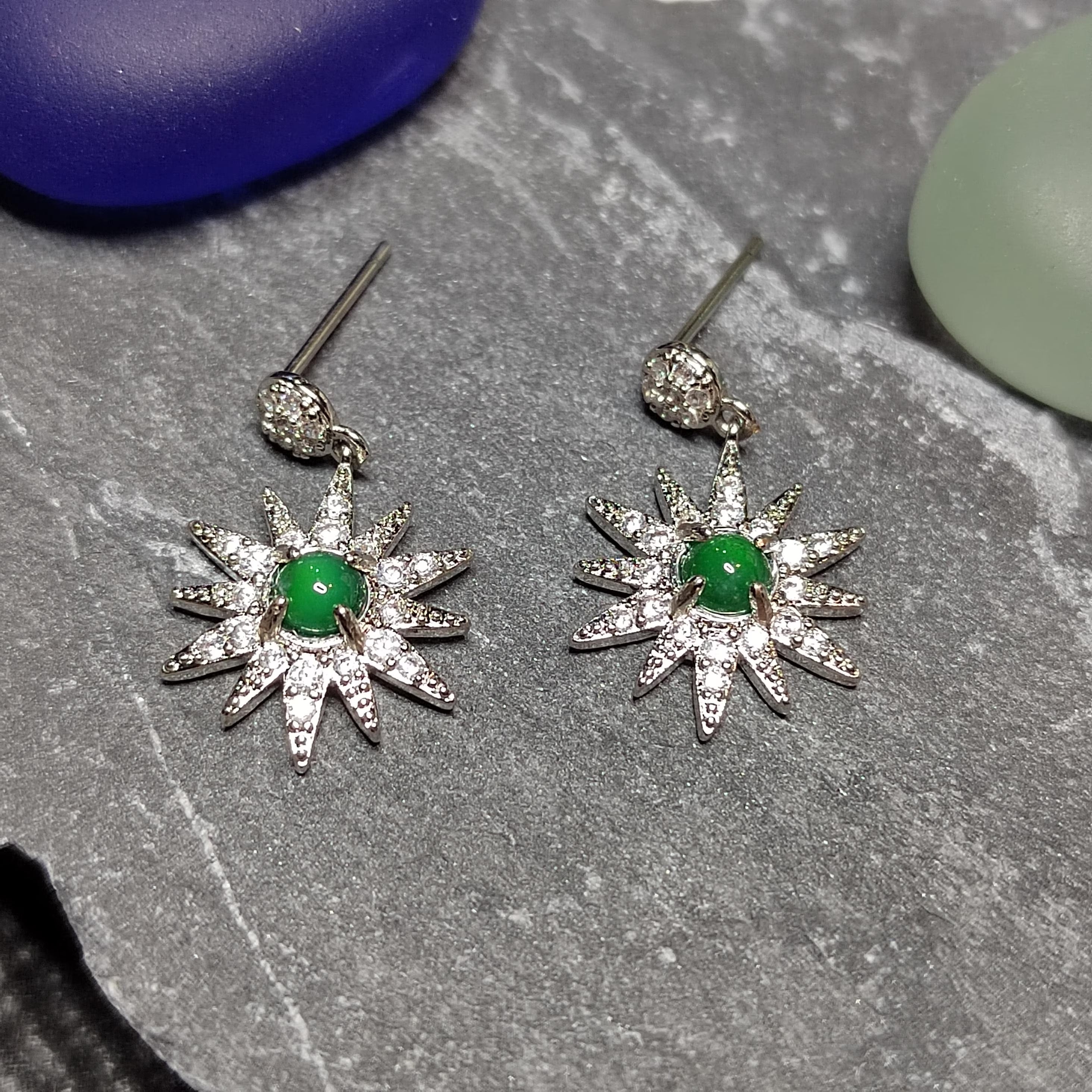 Certified A-Grade Natural Guatemala Jadeite Starburst Earrings | S925 Silver | Sparkling Zircon Drop Design | SL496 SL Precious