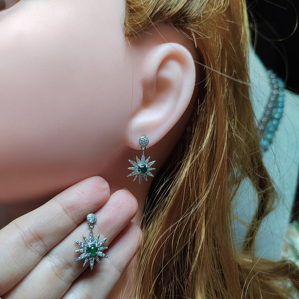 Certified A-Grade Natural Guatemala Jadeite Starburst Earrings | S925 Silver | Sparkling Zircon Drop Design | SL496 SL Precious