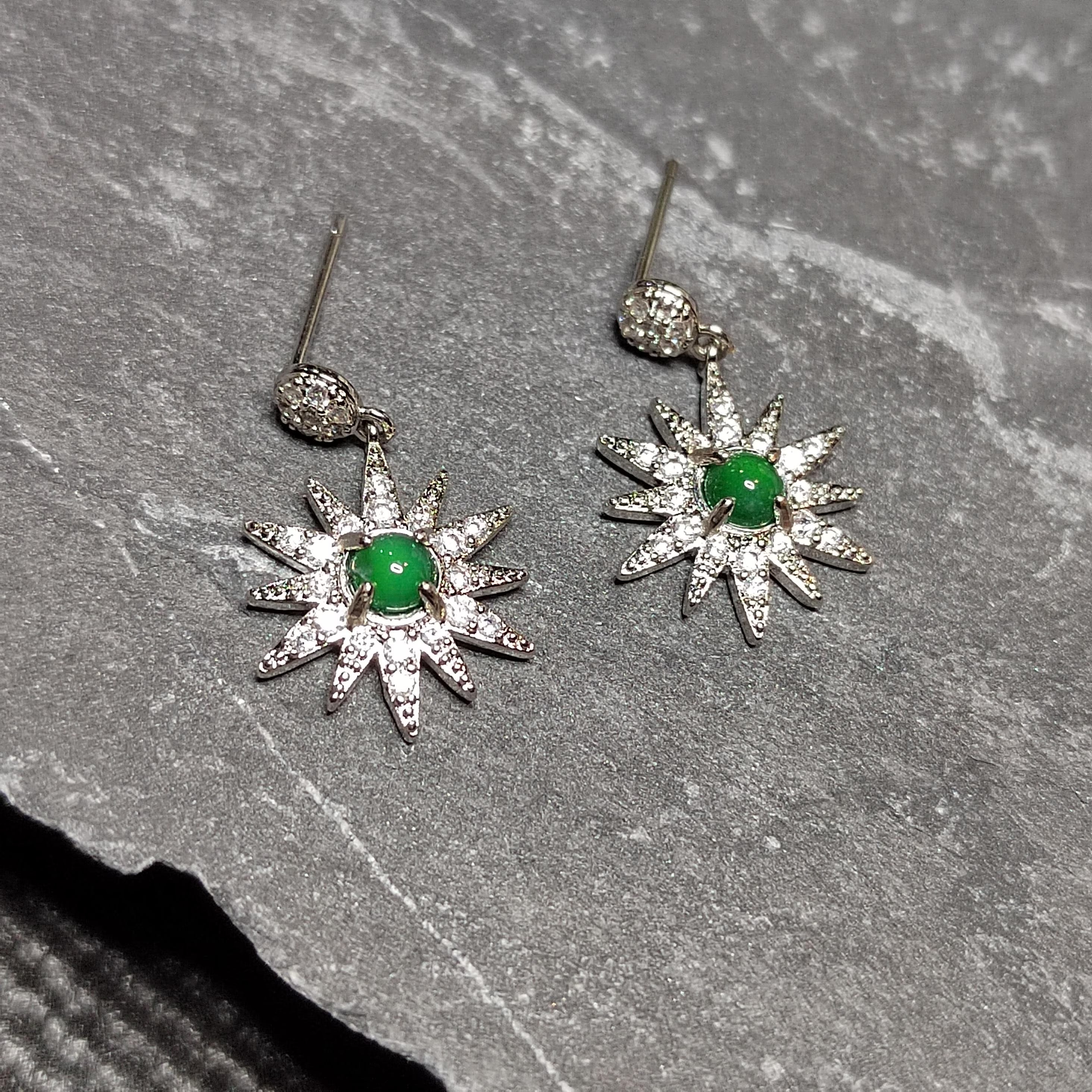 Certified A-Grade Natural Guatemala Jadeite Starburst Earrings | S925 Silver | Sparkling Zircon Drop Design | SL496 SL Precious