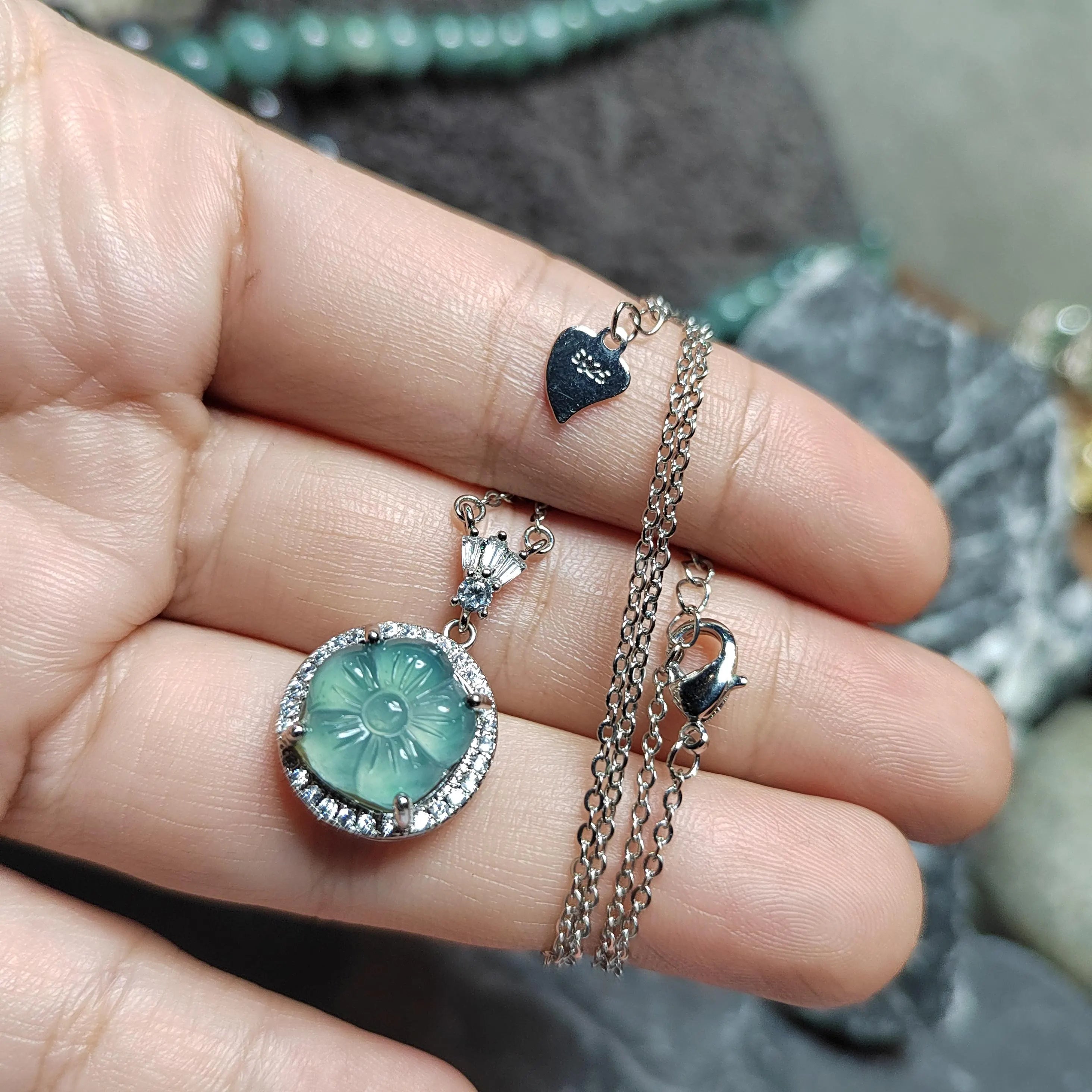 Certified A-Grade Guatemala Jadeite Flower Pendant Necklace | Elegant Minimalist Design with Zircon | S925 Sterling Silver | SL362B SL Precious