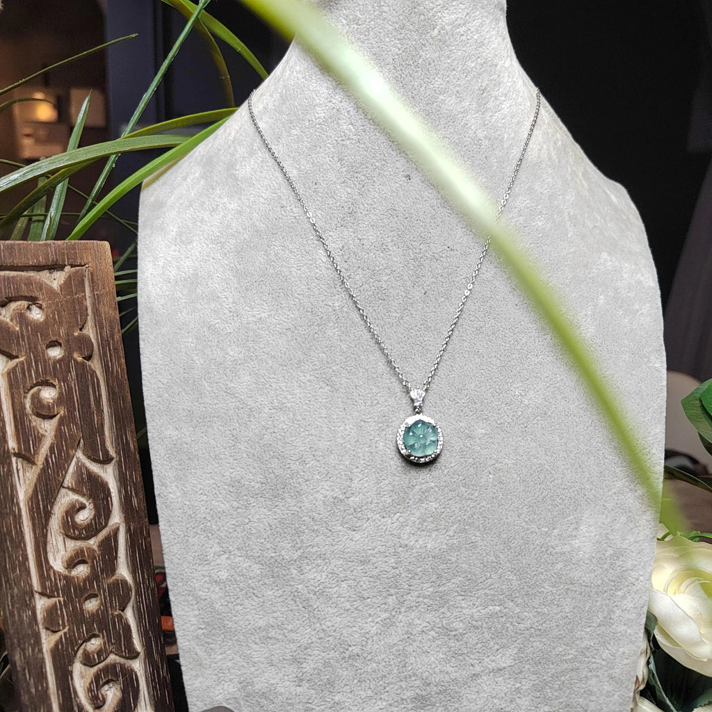 Certified A-Grade Guatemala Jadeite Flower Pendant Necklace | Elegant Minimalist Design with Zircon | S925 Sterling Silver | SL362B SL Precious