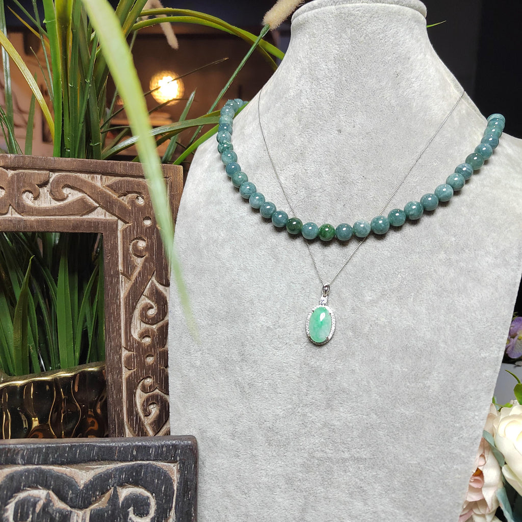 Certified A-Grade Burmese Jadeite Cabochon Pendant Necklace | Vivid Green Oval Jade with Zircon Halo | S925 Sterling Silver | SL466 SL Precious