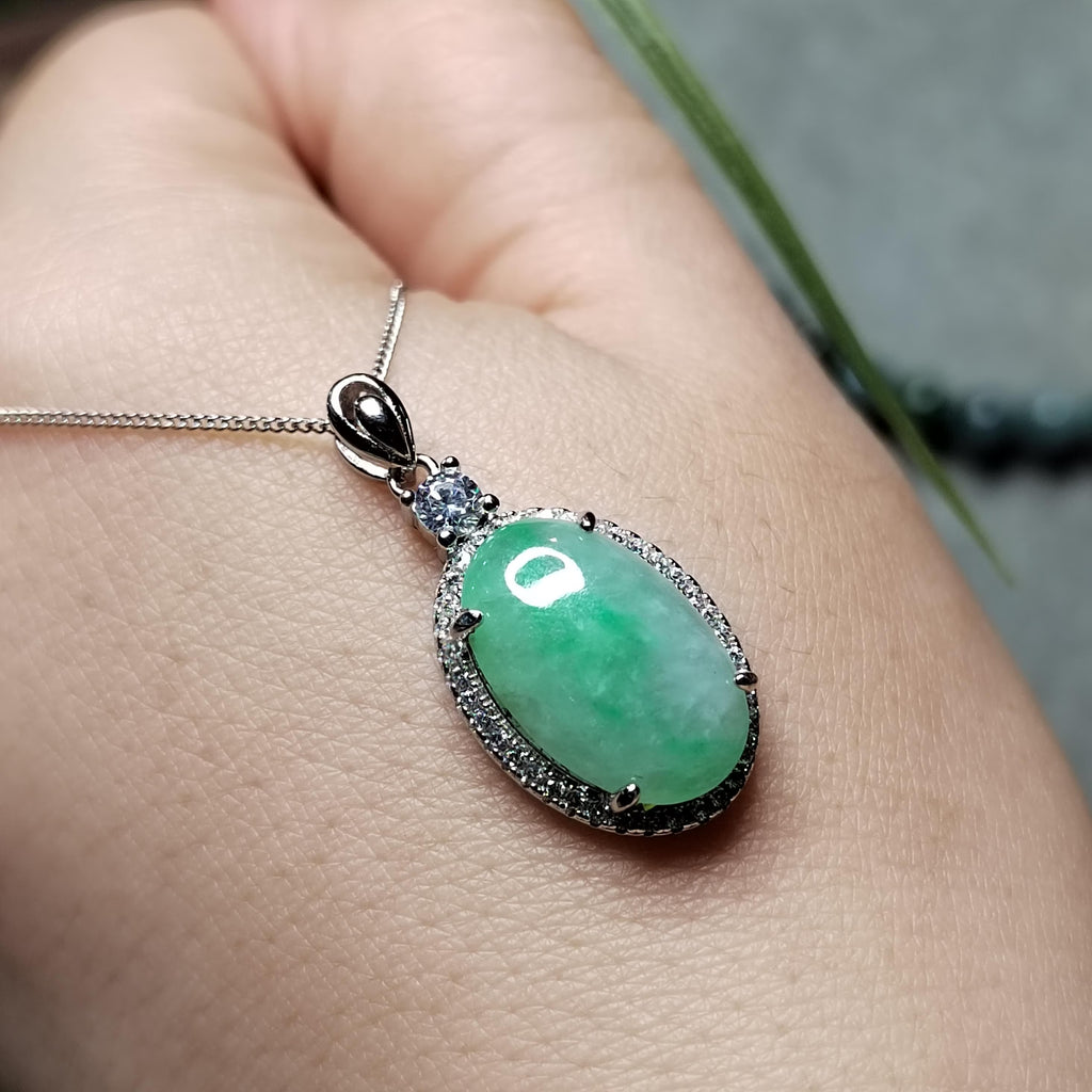 Certified A-Grade Burmese Jadeite Cabochon Pendant Necklace | Vivid Green Oval Jade with Zircon Halo | S925 Sterling Silver | SL466 SL Precious