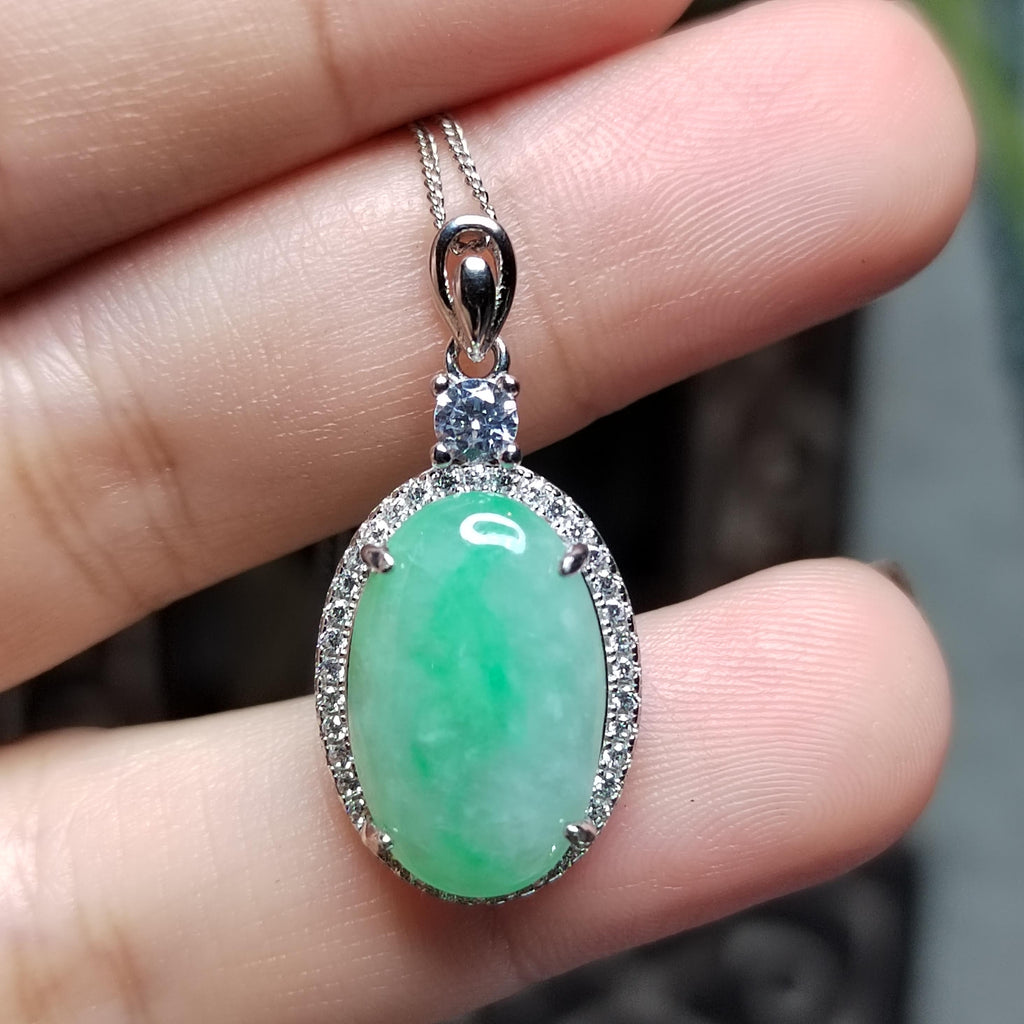 Certified A-Grade Burmese Jadeite Cabochon Pendant Necklace | Vivid Green Oval Jade with Zircon Halo | S925 Sterling Silver | SL466 SL Precious