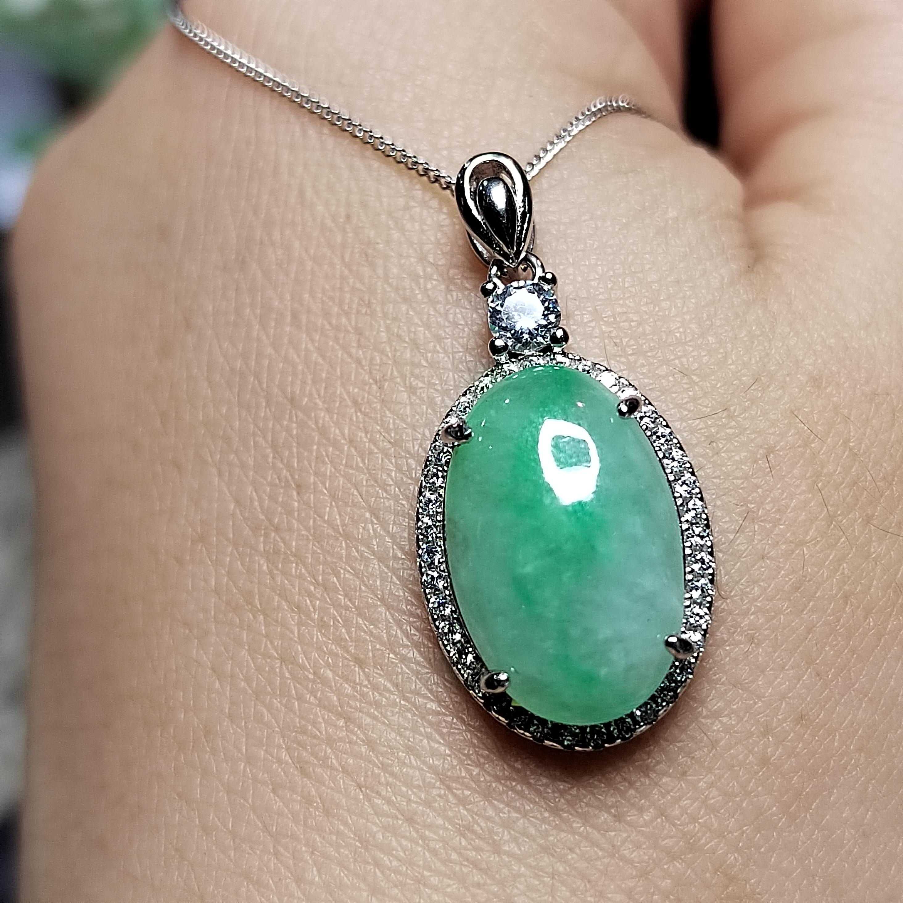 Certified A-Grade Burmese Jadeite Cabochon Pendant Necklace | Vivid Green Oval Jade with Zircon Halo | S925 Sterling Silver | SL466 SL Precious
