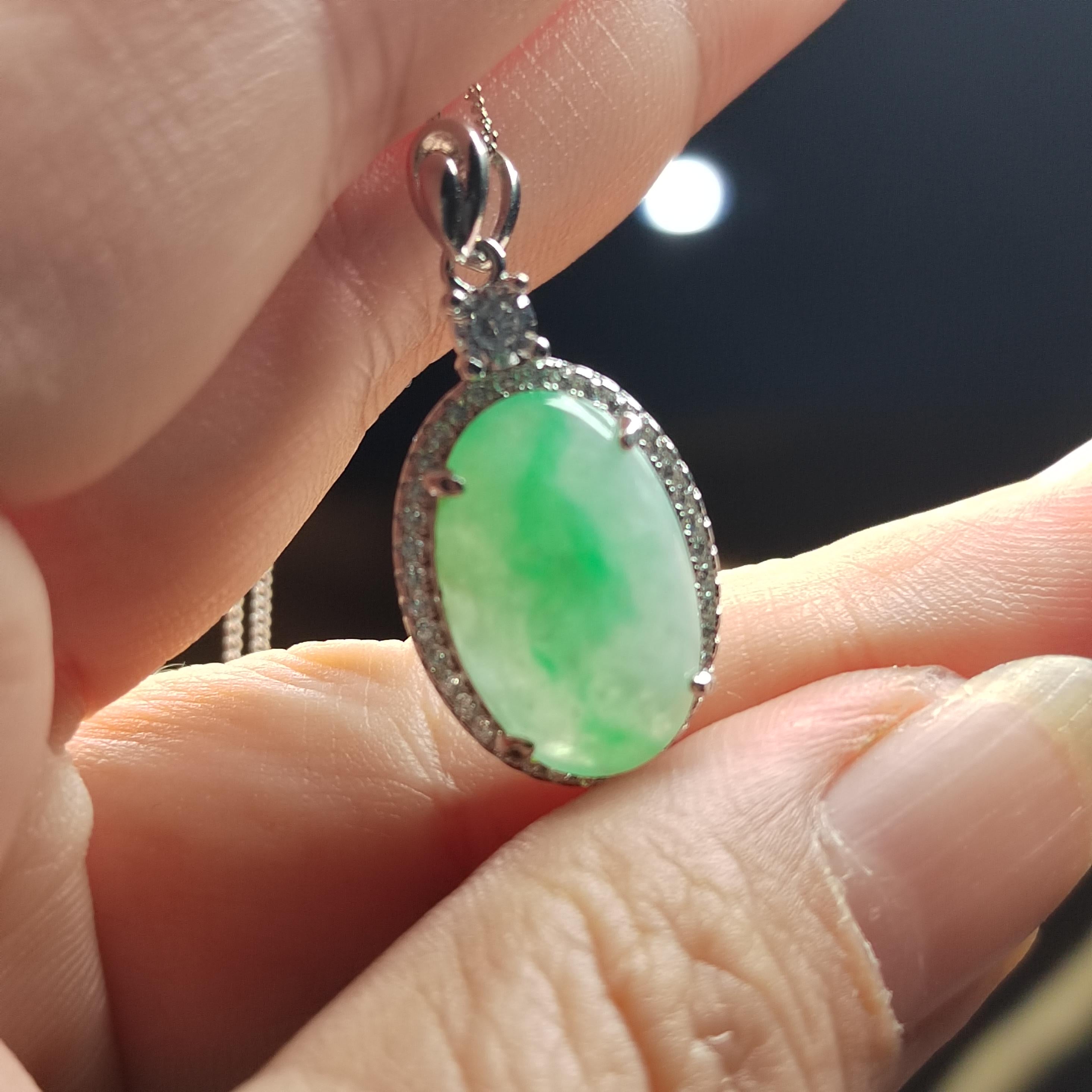 Certified A-Grade Burmese Jadeite Cabochon Pendant Necklace | Vivid Green Oval Jade with Zircon Halo | S925 Sterling Silver | SL466 SL Precious