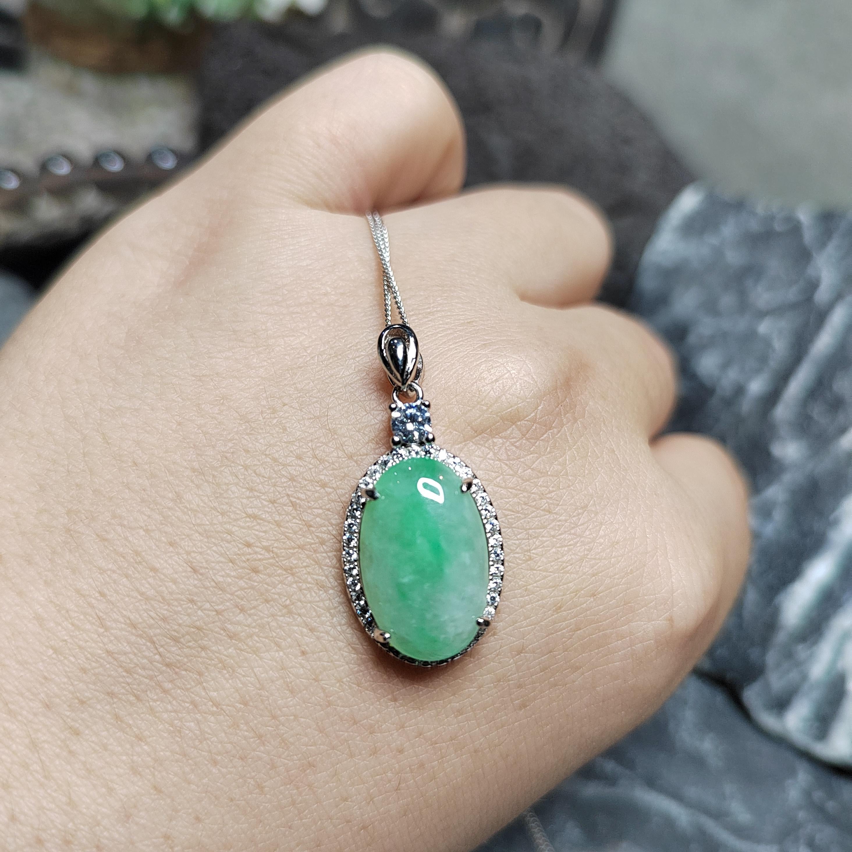 Certified A-Grade Burmese Jadeite Cabochon Pendant Necklace | Vivid Green Oval Jade with Zircon Halo | S925 Sterling Silver | SL466 SL Precious