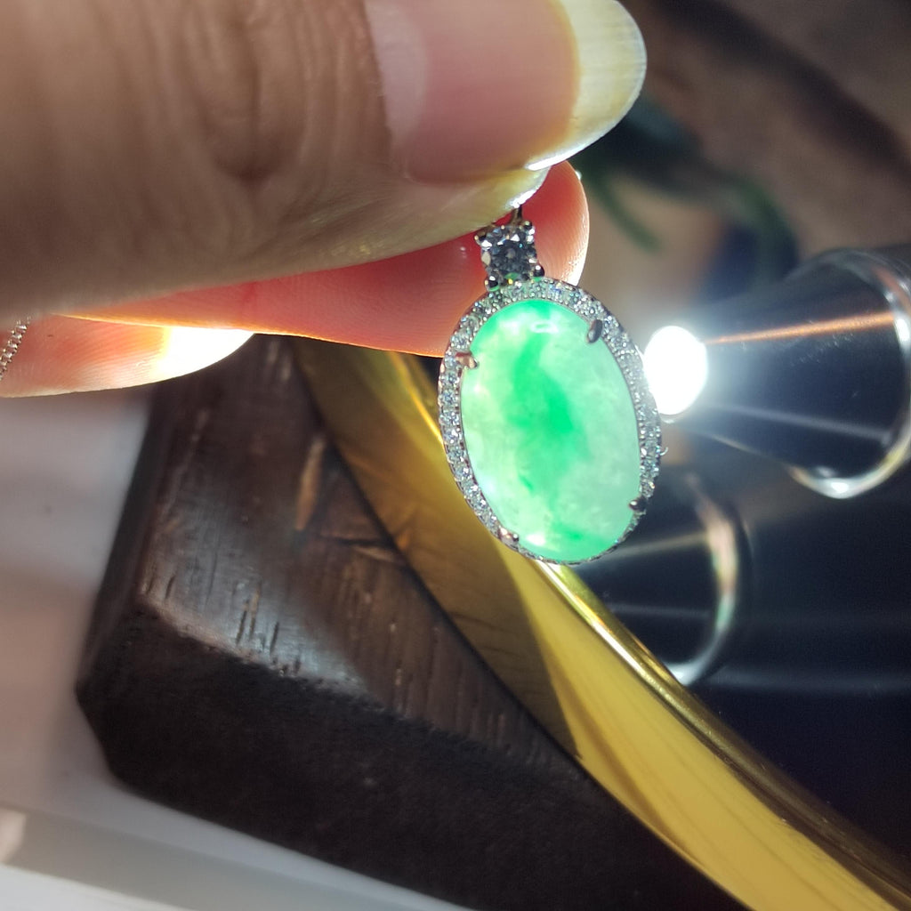 Certified A-Grade Burmese Jadeite Cabochon Pendant Necklace | Vivid Green Oval Jade with Zircon Halo | S925 Sterling Silver | SL466 SL Precious