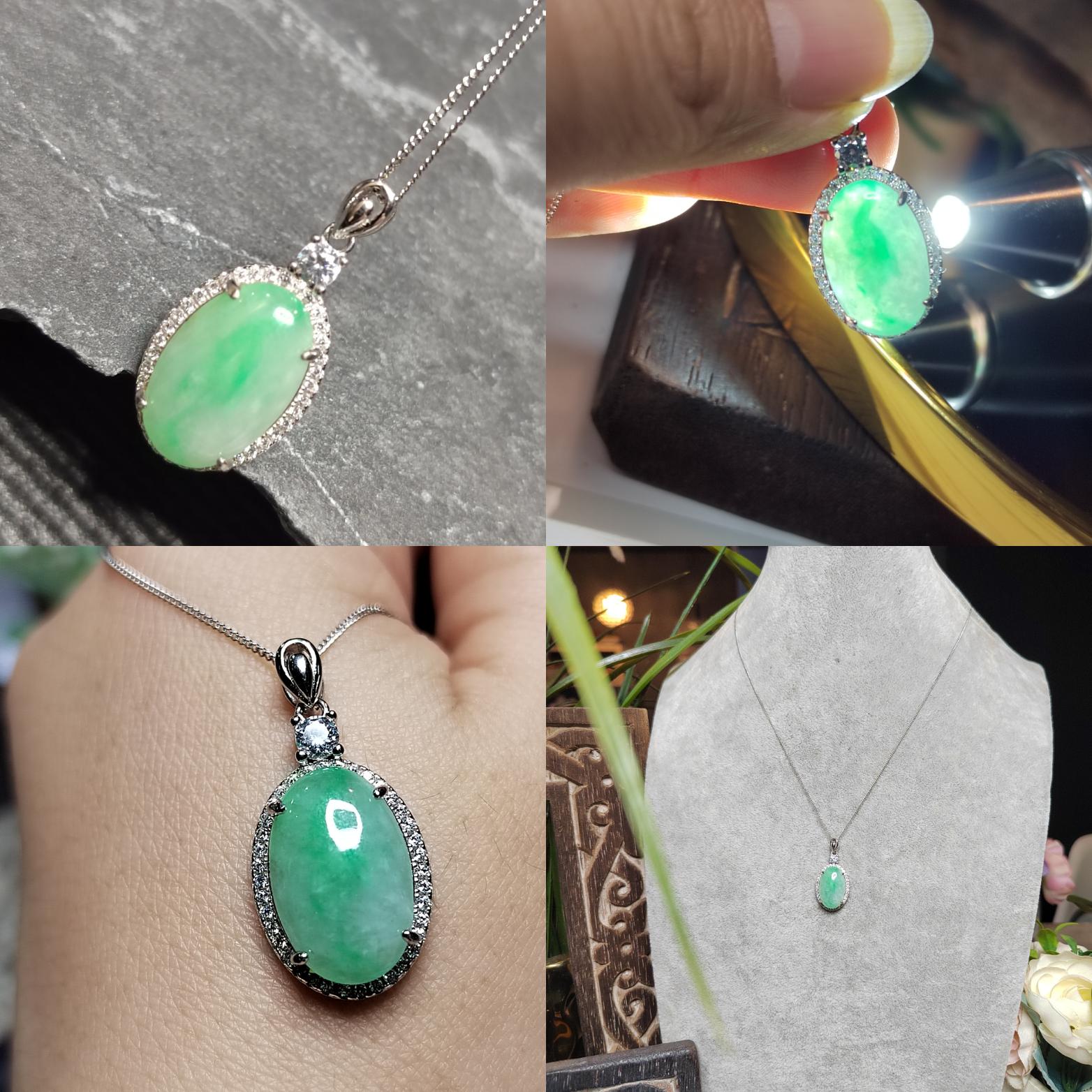 Certified A-Grade Burmese Jadeite Cabochon Pendant Necklace | Vivid Green Oval Jade with Zircon Halo | S925 Sterling Silver | SL466 SL Precious