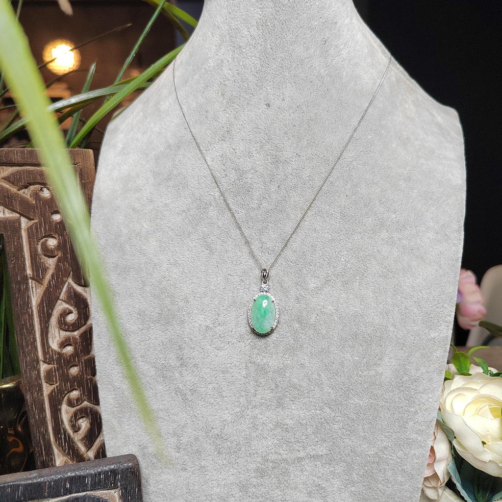 Certified A-Grade Burmese Jadeite Cabochon Pendant Necklace | Vivid Green Oval Jade with Zircon Halo | S925 Sterling Silver | SL466 SL Precious