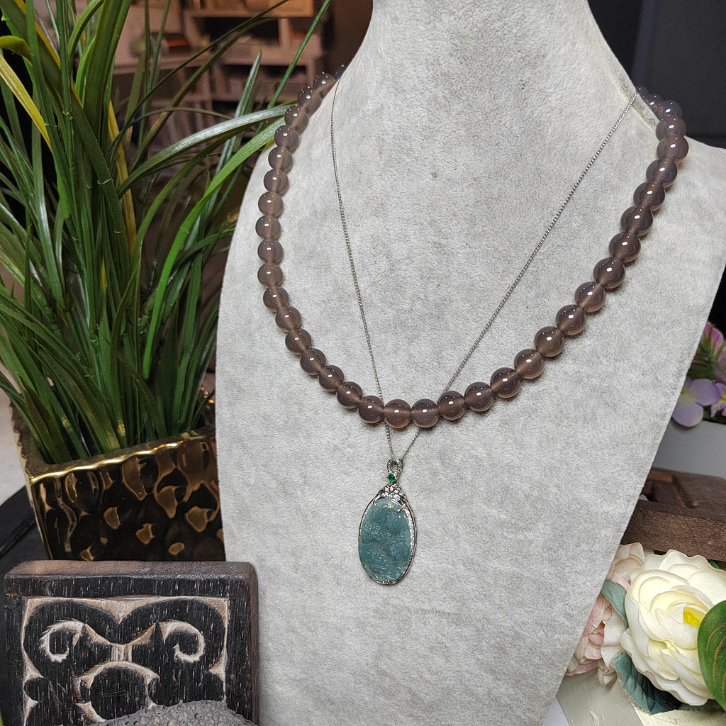 Certified A-Grade Guatemala Jadeite Landscaping Pendant | Large 49mm Carved Mountain Scene | S925 Zircon Setting | 45cm Silver Chain | SL487 SL Precious