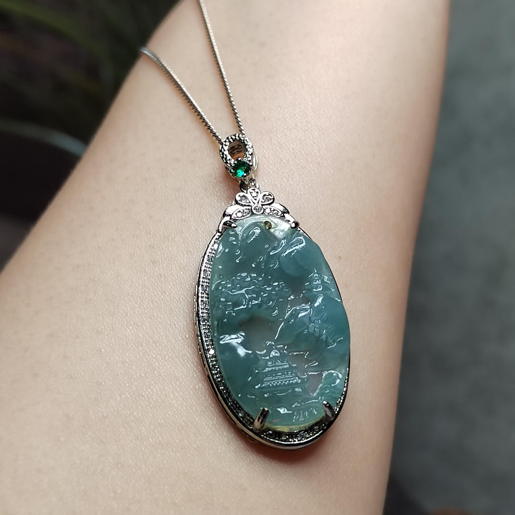 Certified A-Grade Guatemala Jadeite Landscaping Pendant | Large 49mm Carved Mountain Scene | S925 Zircon Setting | 45cm Silver Chain | SL487 SL Precious