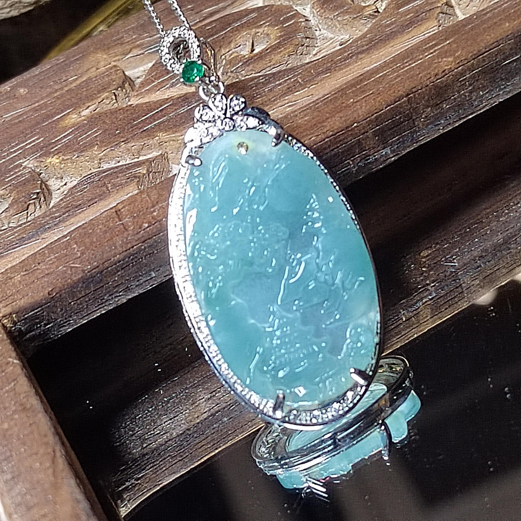 Certified A-Grade Guatemala Jadeite Landscaping Pendant | Large 49mm Carved Mountain Scene | S925 Zircon Setting | 45cm Silver Chain | SL487 SL Precious